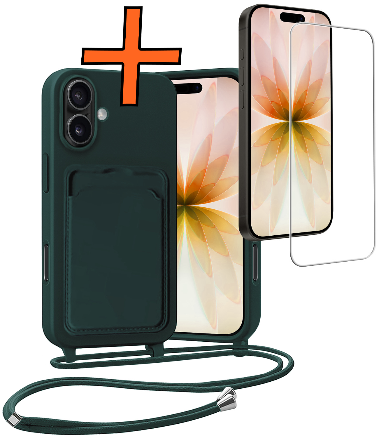 Nomfy Nomfy iPhone 17 Hoesje Pashouder met Koord Met Screenprotector - Donkergroen