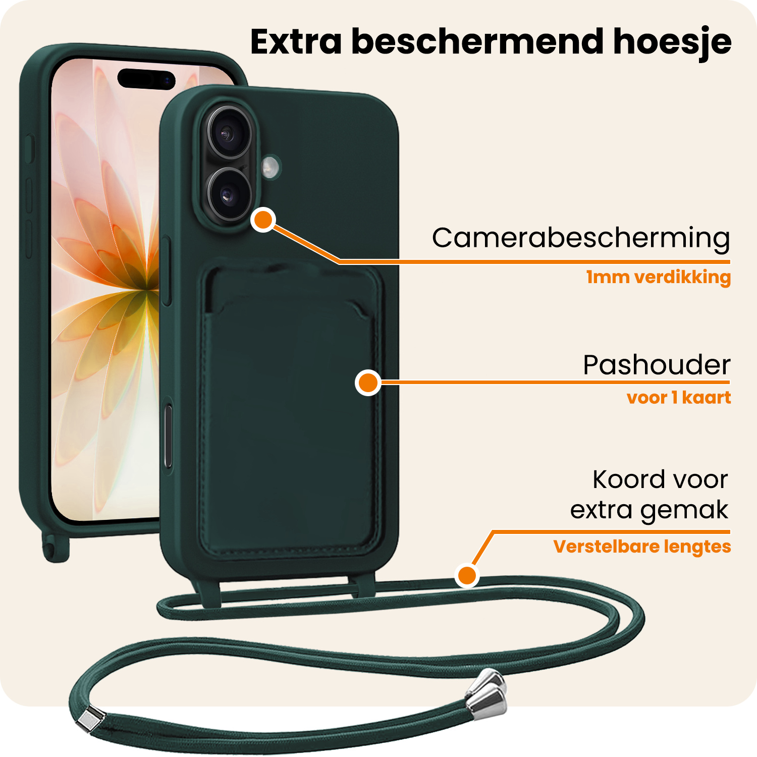 Nomfy Nomfy iPhone 17 Hoesje Pashouder met Koord Met Screenprotector - Donkergroen