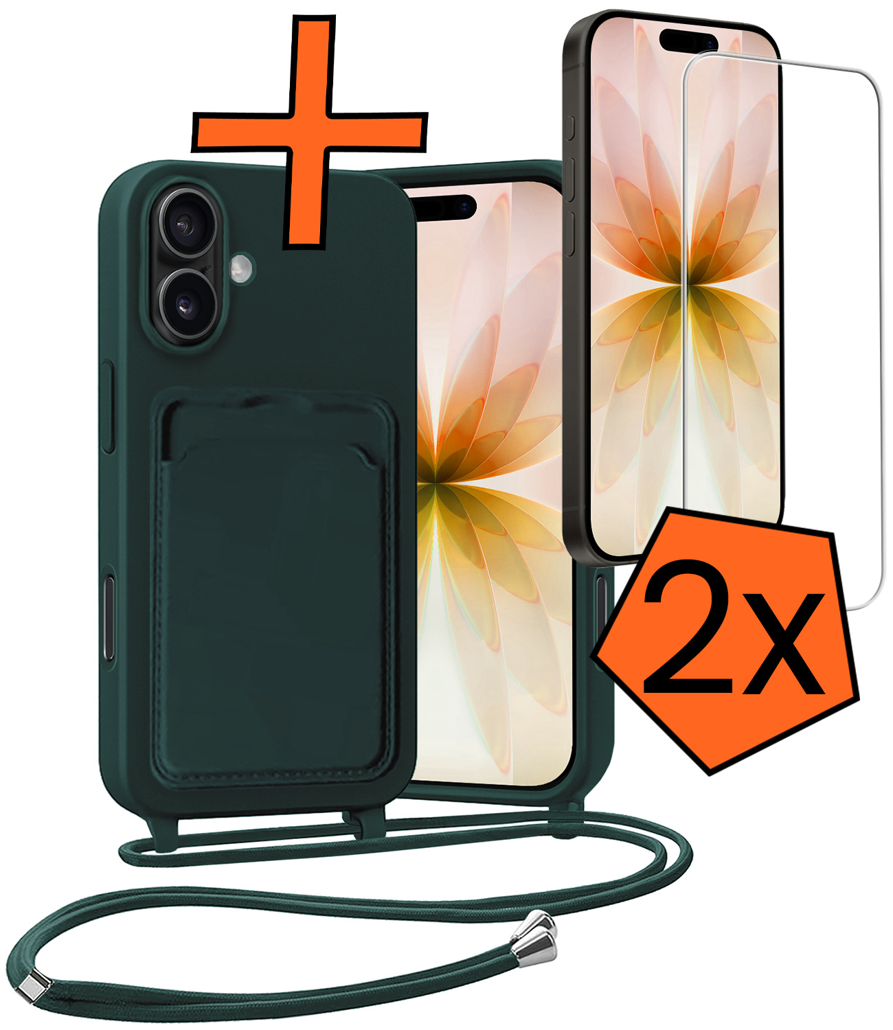 Nomfy Nomfy iPhone 17 Hoesje Pashouder met Koord Met 2x Screenprotector - Donkergroen