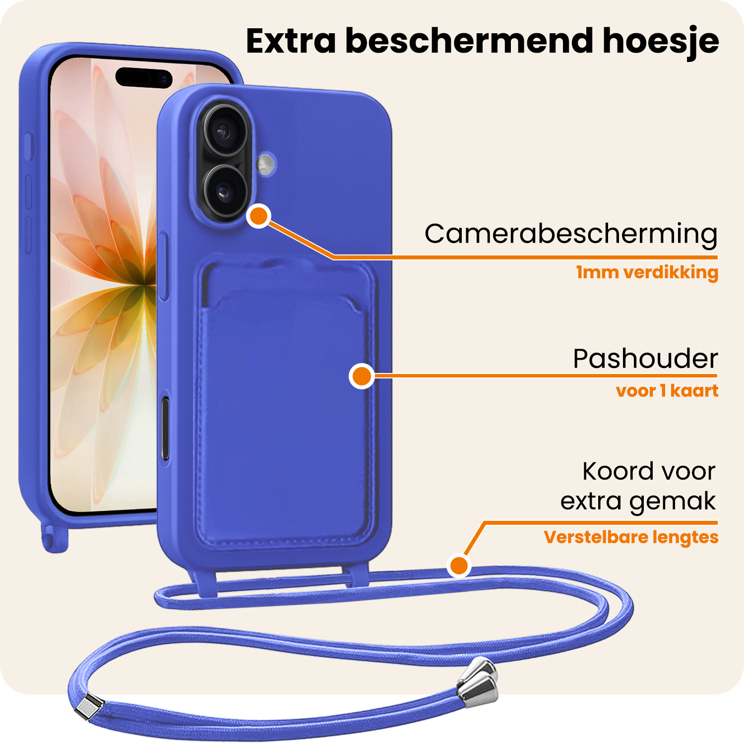 Nomfy Nomfy iPhone 17 Hoesje Pashouder met Koord - Fel Blauw