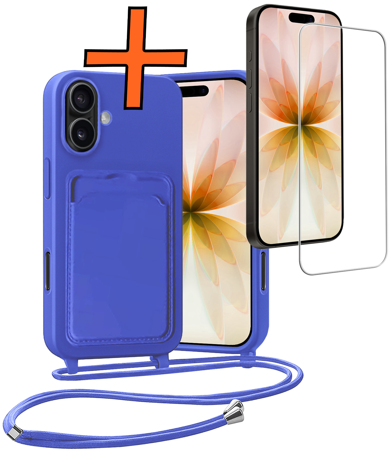 Nomfy Nomfy iPhone 17 Hoesje Pashouder met Koord Met Screenprotector - Fel Blauw