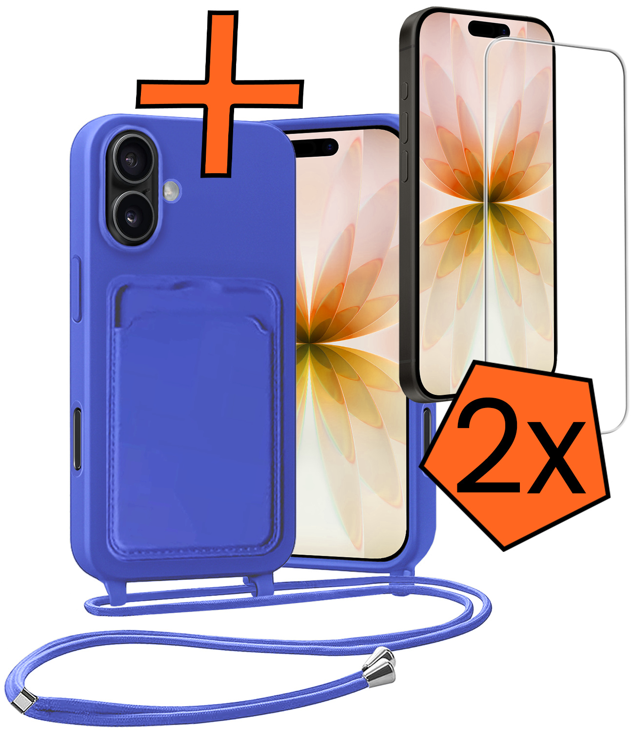 Nomfy Nomfy iPhone 17 Hoesje Pashouder met Koord Met 2x Screenprotector - Fel Blauw