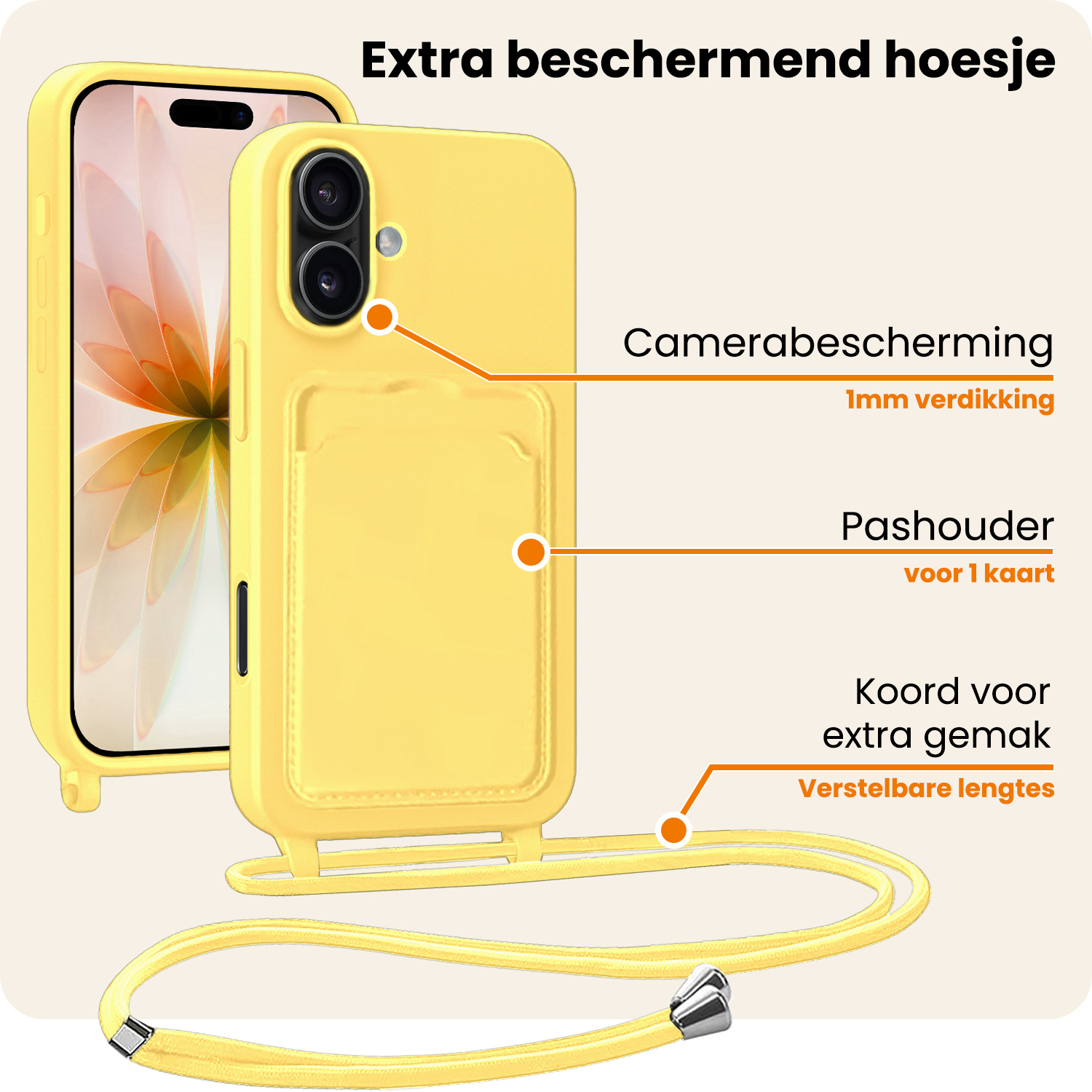 Nomfy Nomfy iPhone 17 Hoesje Pashouder met Koord - Geel - 2 PACK