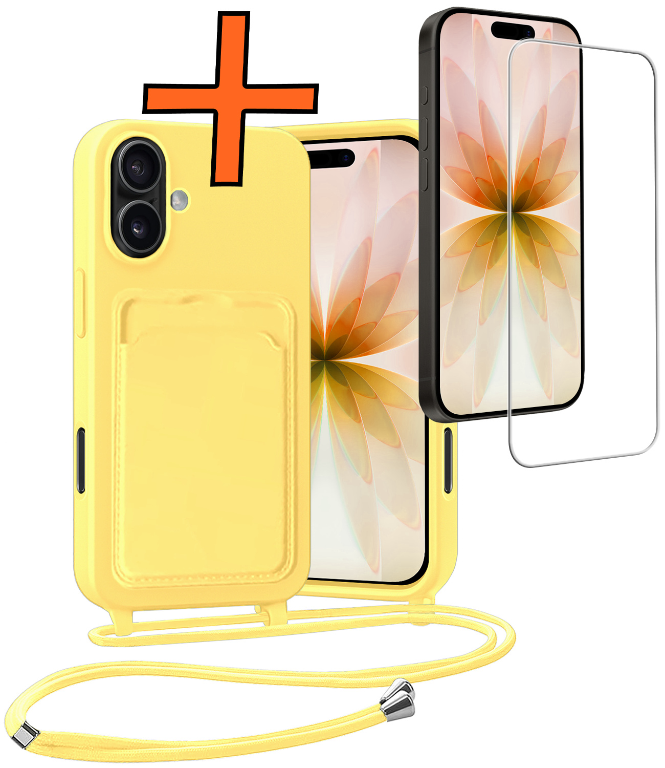 Nomfy Nomfy iPhone 17 Hoesje Pashouder met Koord Met Screenprotector - Geel