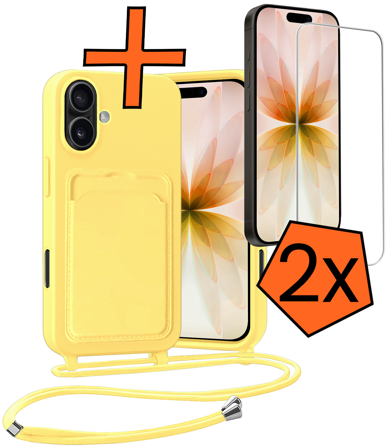 Nomfy Nomfy iPhone 17 Hoesje Pashouder met Koord Met 2x Screenprotector - Geel