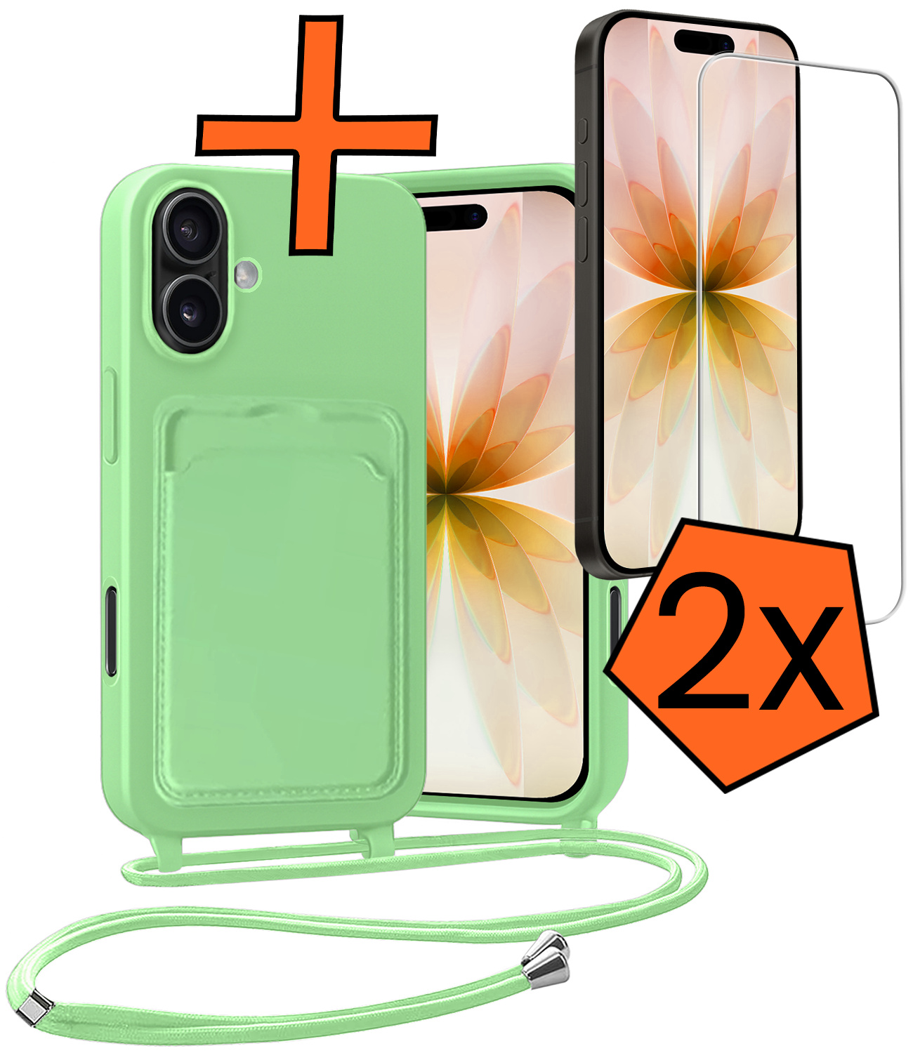 Nomfy Nomfy iPhone 17 Hoesje Pashouder met Koord Met 2x Screenprotector - Groen