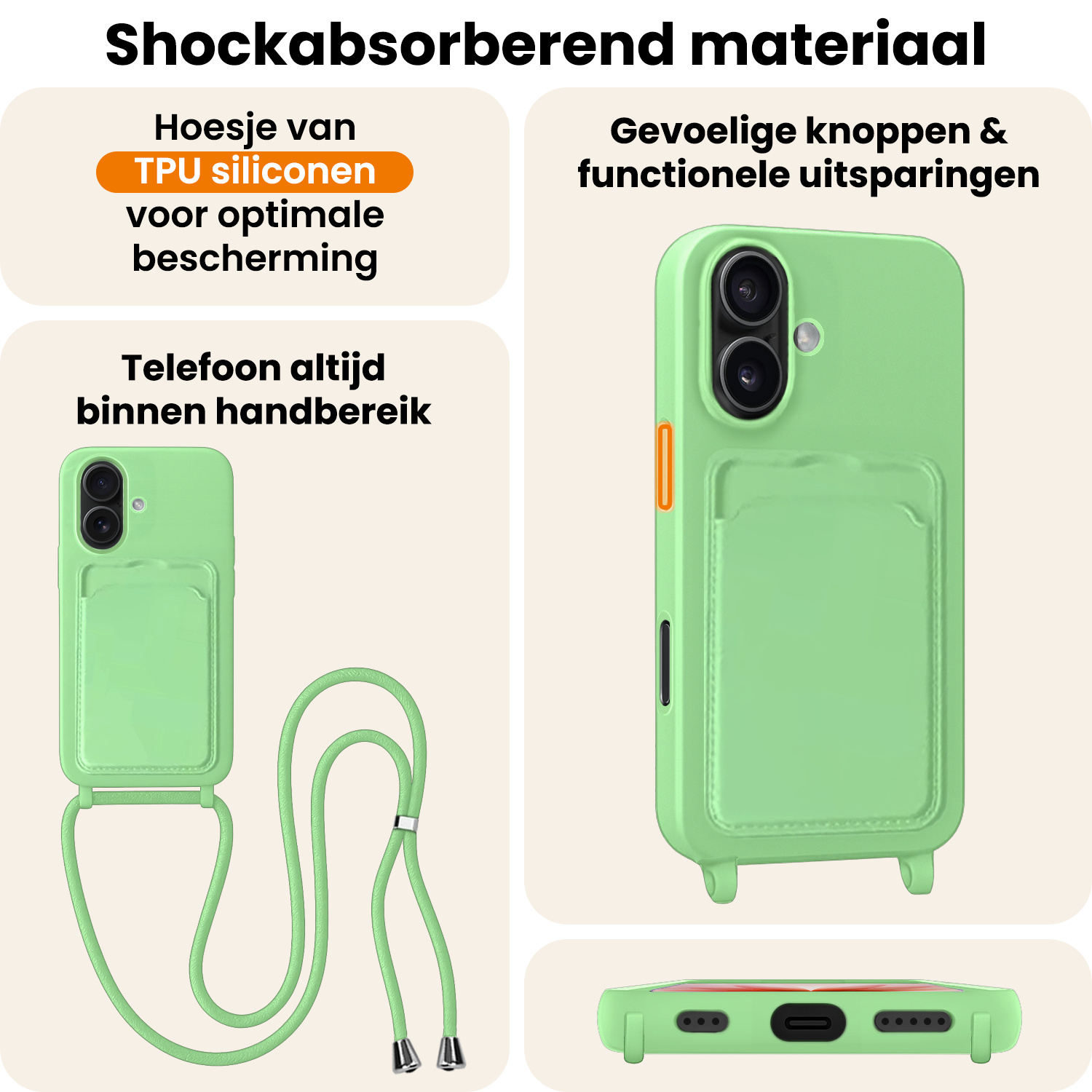 Nomfy Nomfy iPhone 17 Hoesje Pashouder met Koord Met 2x Screenprotector - Groen