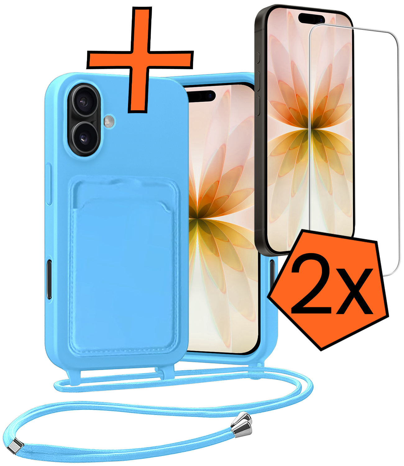 Nomfy Nomfy iPhone 17 Hoesje Pashouder met Koord Met 2x Screenprotector - Lichtblauw