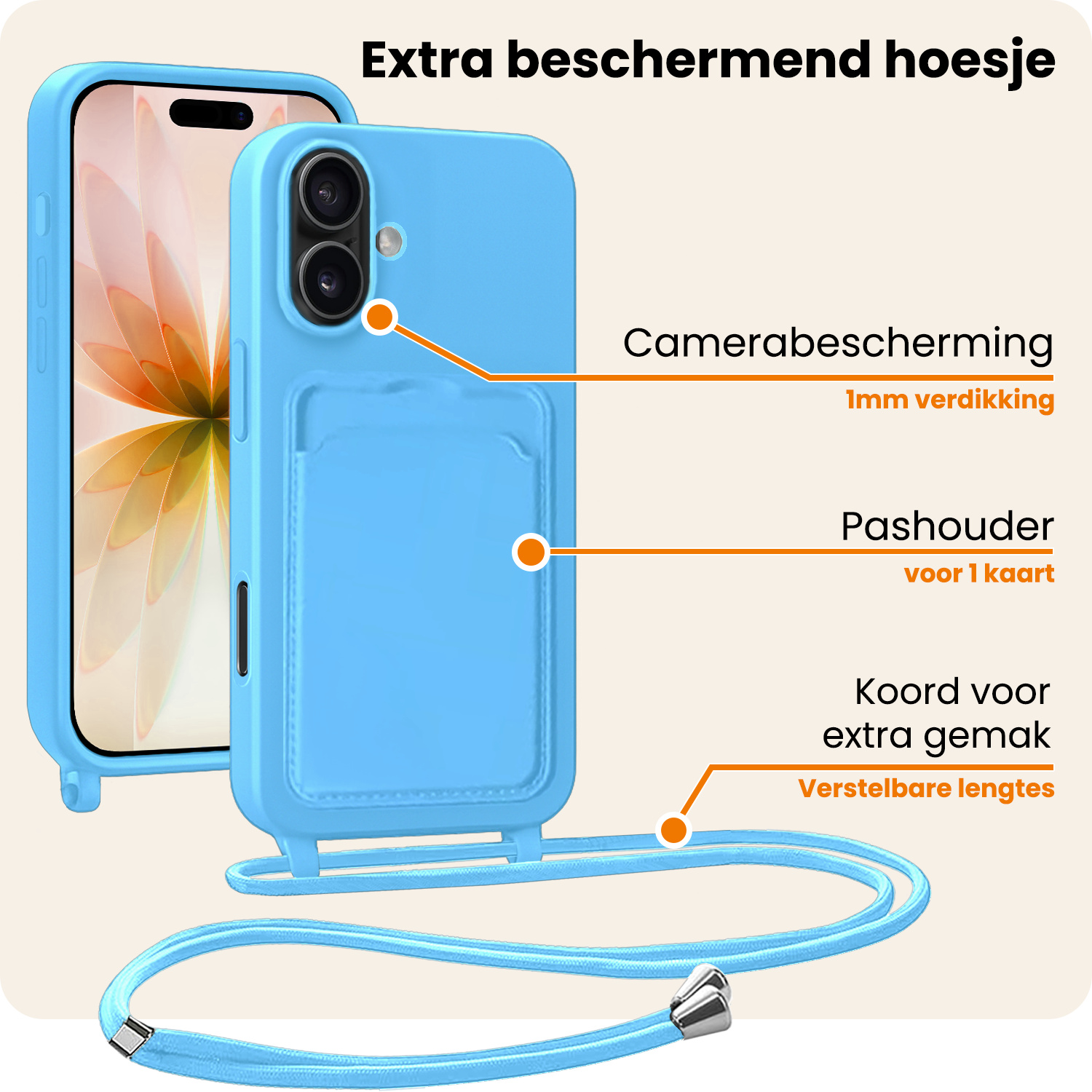 Nomfy Nomfy iPhone 17 Hoesje Pashouder met Koord Met 2x Screenprotector - Lichtblauw