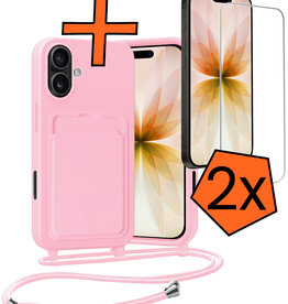 Nomfy Nomfy iPhone 17 Hoesje Pashouder met Koord Met 2x Screenprotector - Lichtroze