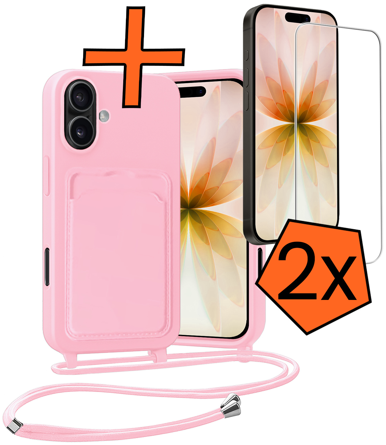 Nomfy Nomfy iPhone 17 Hoesje Pashouder met Koord Met 2x Screenprotector - Lichtroze