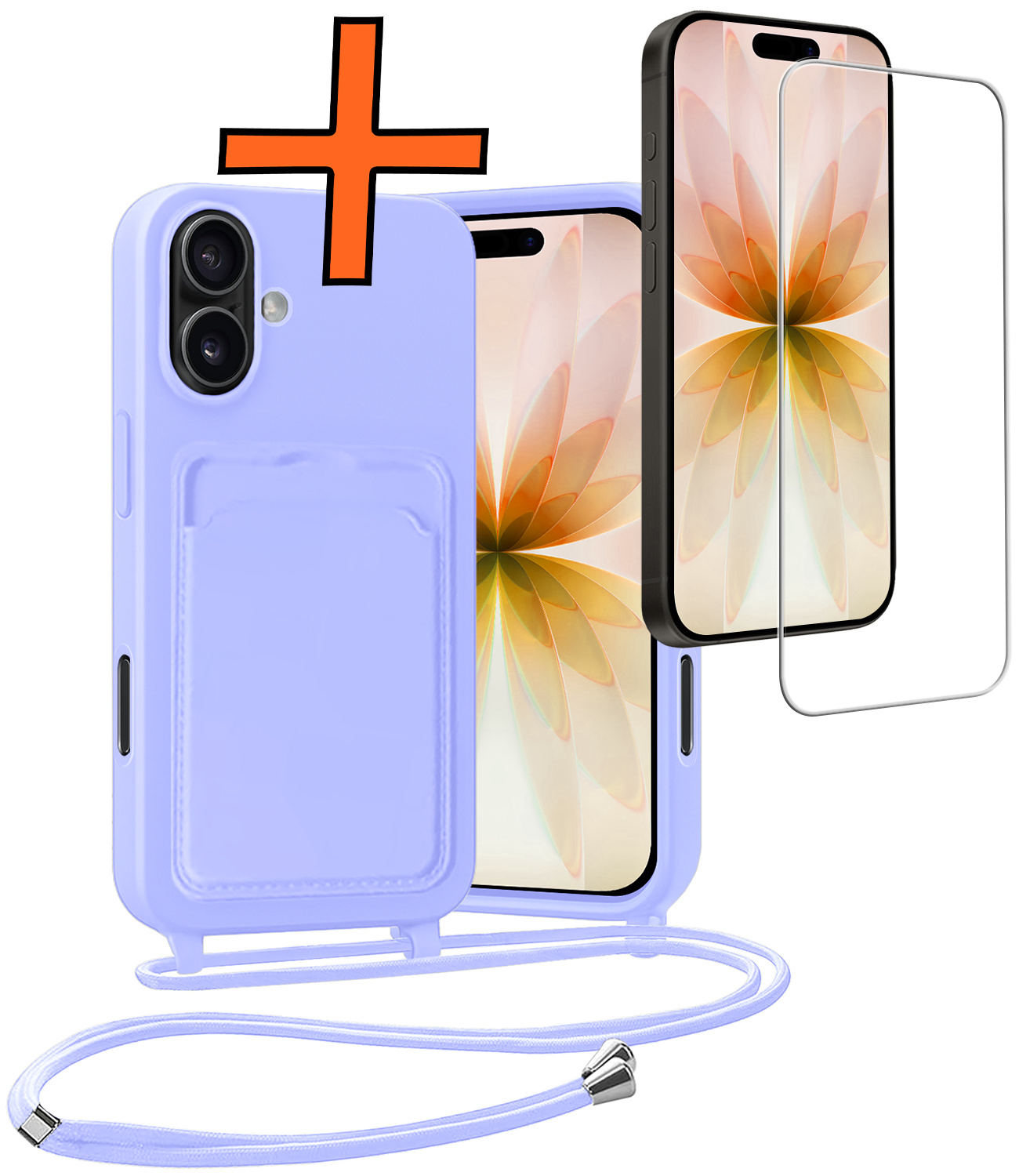 Nomfy Nomfy iPhone 17 Hoesje Pashouder met Koord Met Screenprotector - Lila