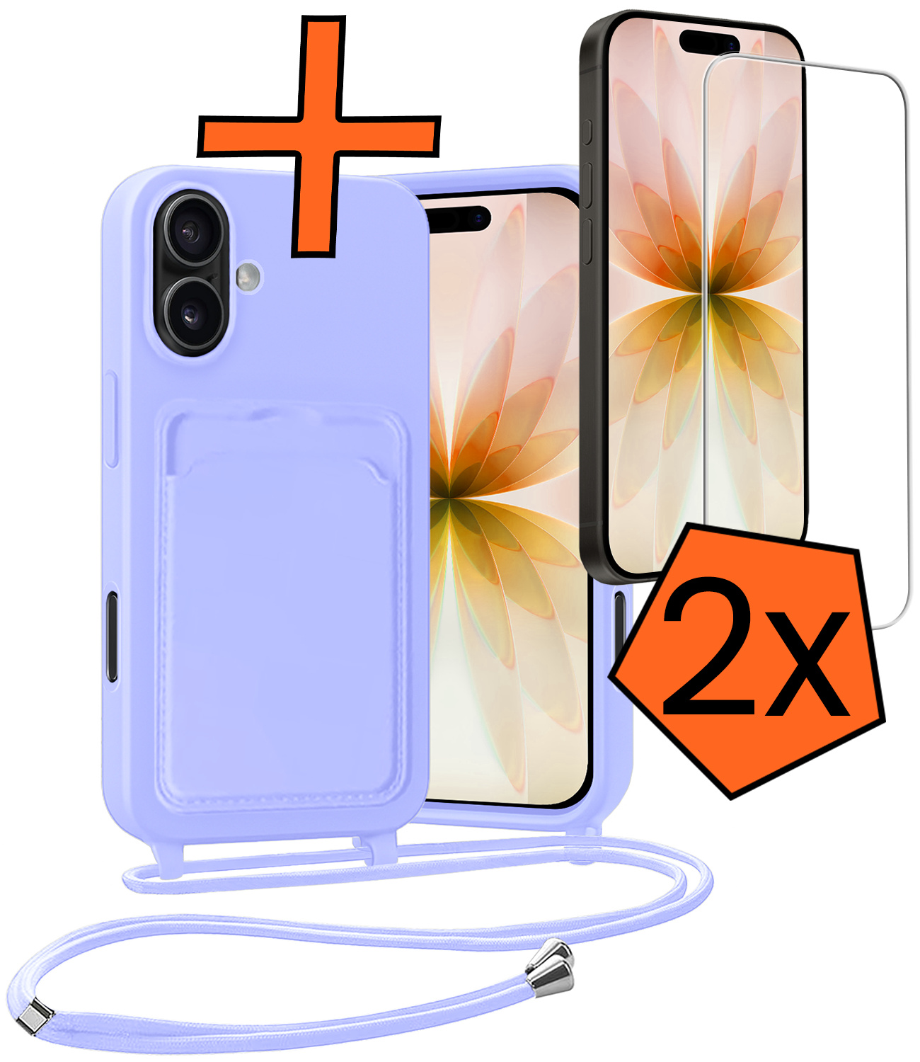 Nomfy Nomfy iPhone 17 Hoesje Pashouder met Koord Met 2x Screenprotector - Lila