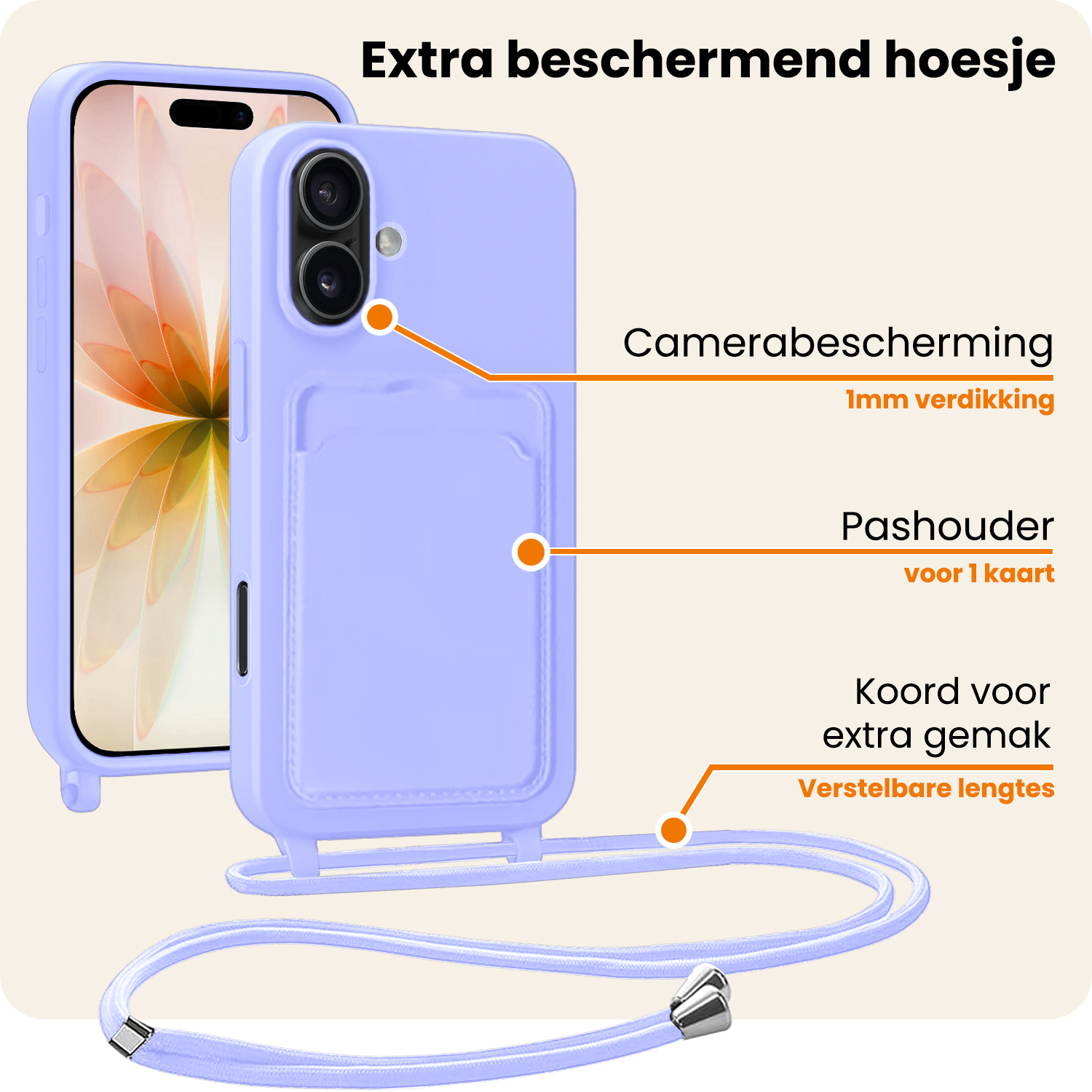 Nomfy Nomfy iPhone 17 Hoesje Pashouder met Koord Met 2x Screenprotector - Lila