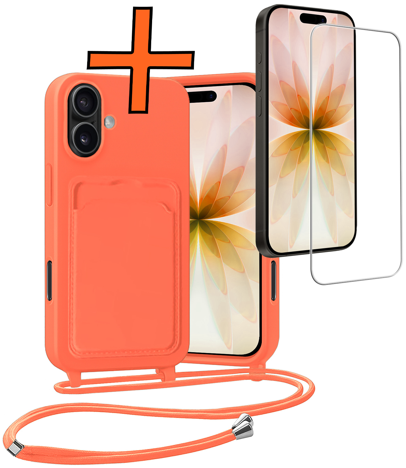 Nomfy Nomfy iPhone 17 Hoesje Pashouder met Koord Met Screenprotector - Papaya