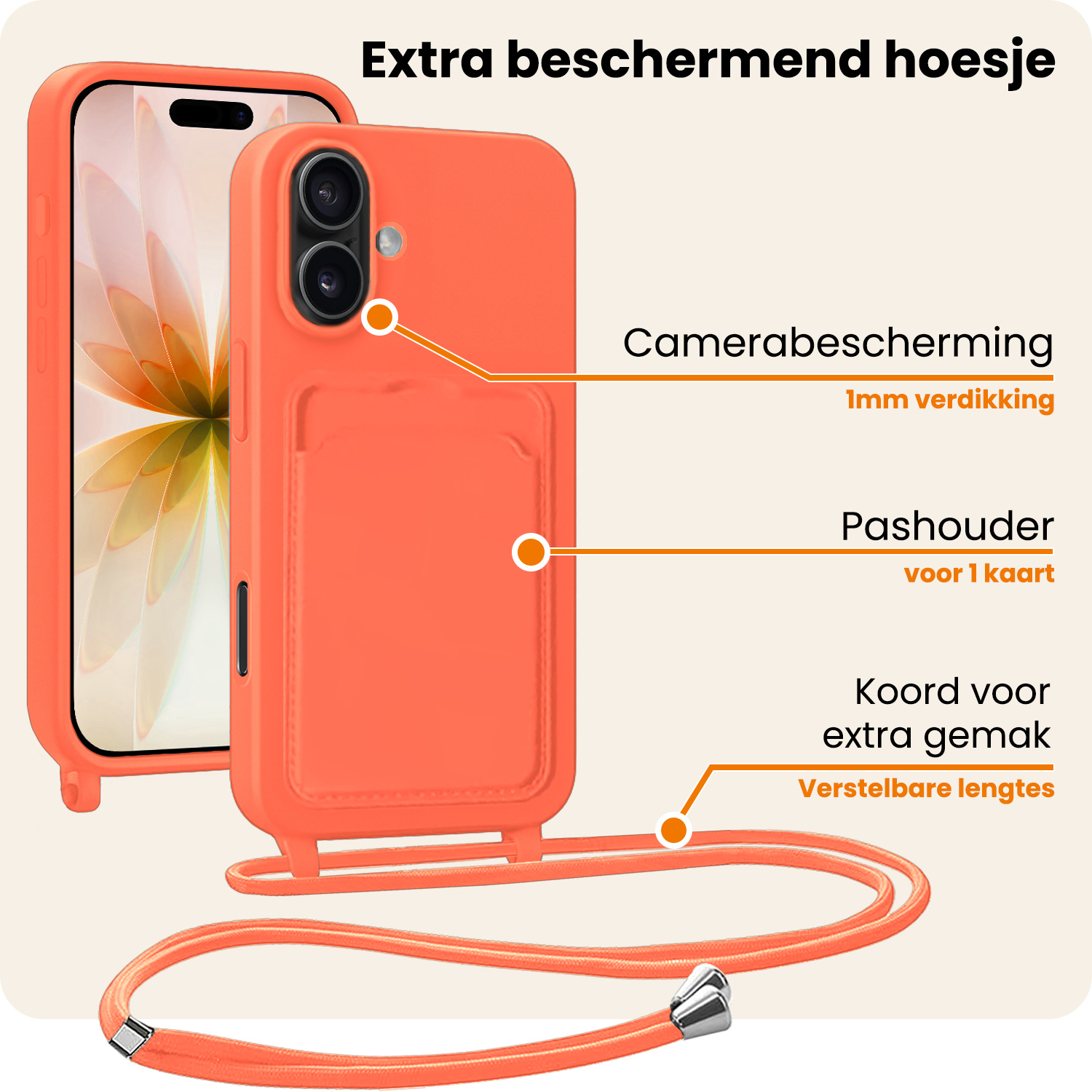 Nomfy Nomfy iPhone 17 Hoesje Pashouder met Koord Met Screenprotector - Papaya
