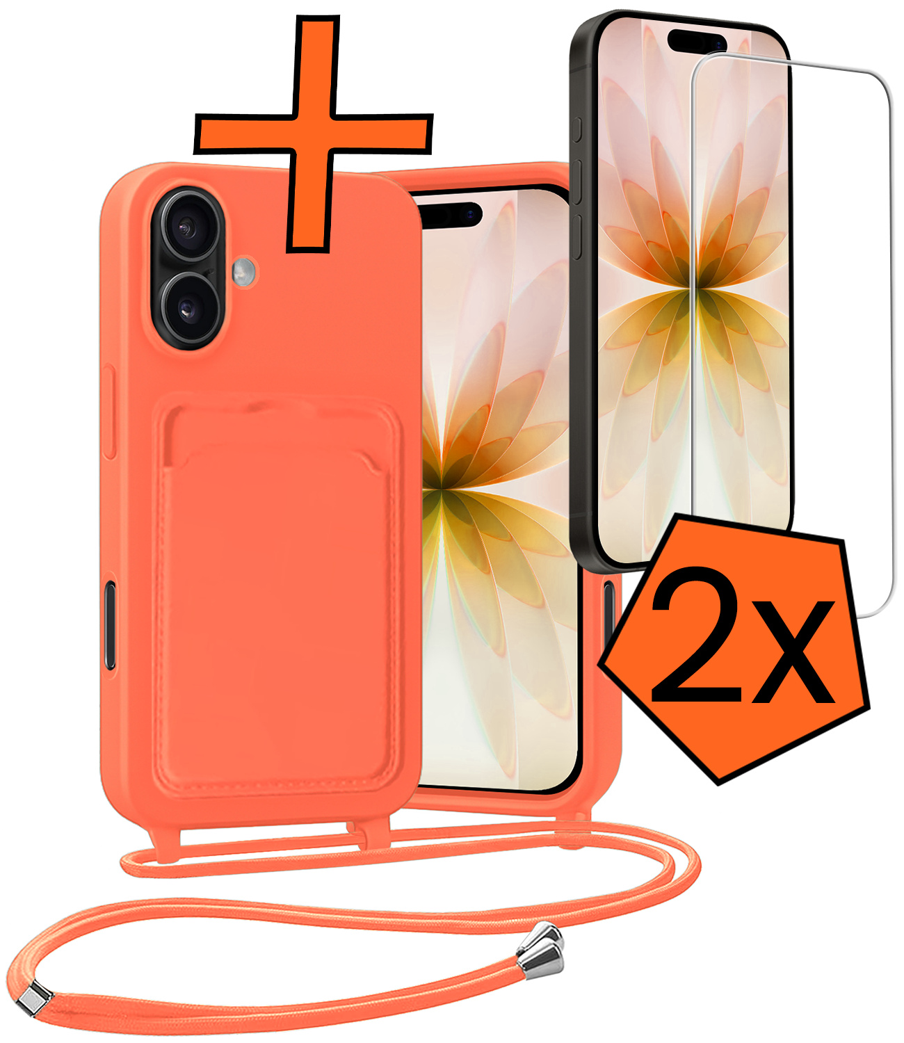 Nomfy Nomfy iPhone 17 Hoesje Pashouder met Koord Met 2x Screenprotector - Papaya