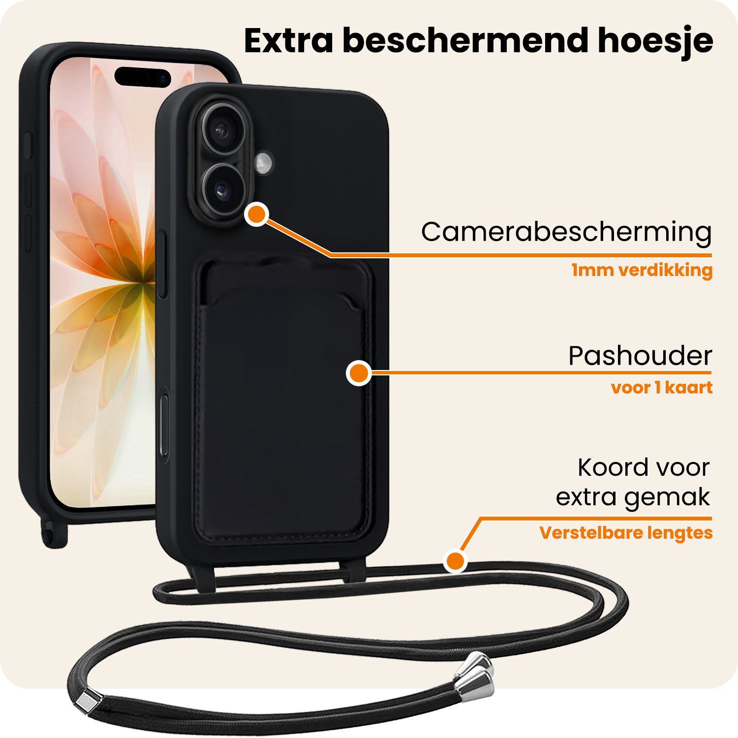 Nomfy Nomfy iPhone 17 Hoesje Pashouder met Koord - Zwart