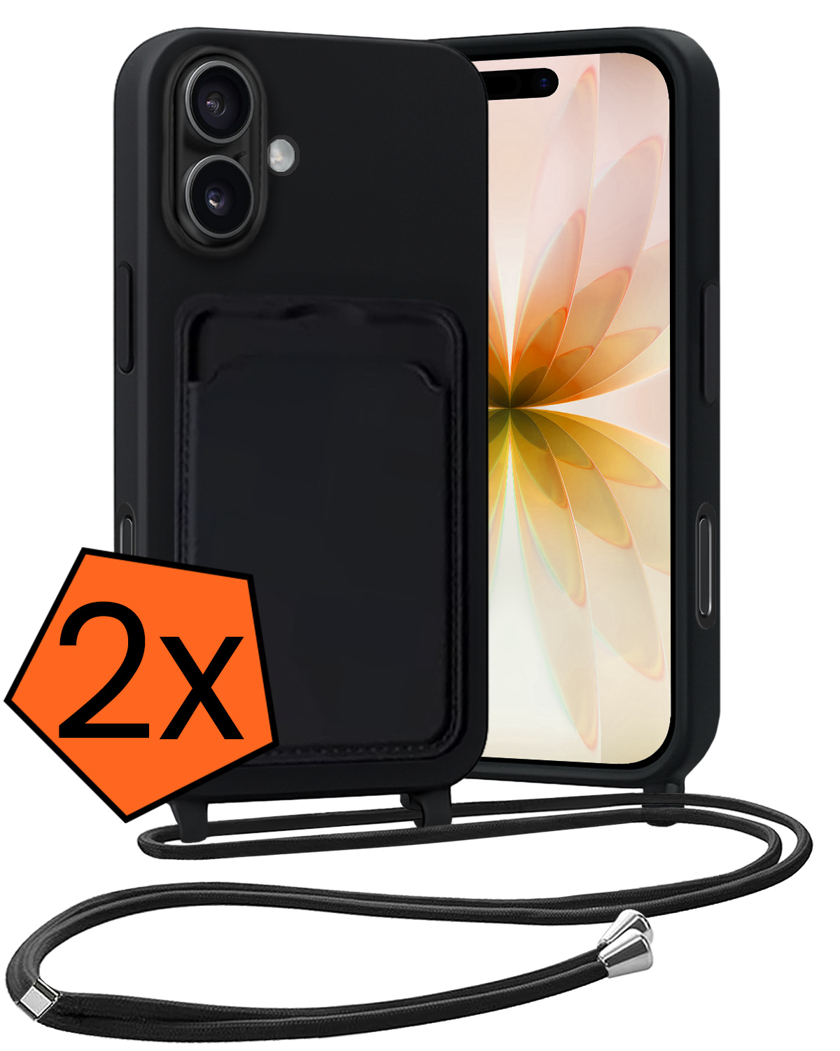 Nomfy Nomfy iPhone 17 Hoesje Pashouder met Koord - Zwart - 2 PACK