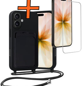 Nomfy Nomfy iPhone 17 Hoesje Pashouder met Koord Met Screenprotector - Zwart