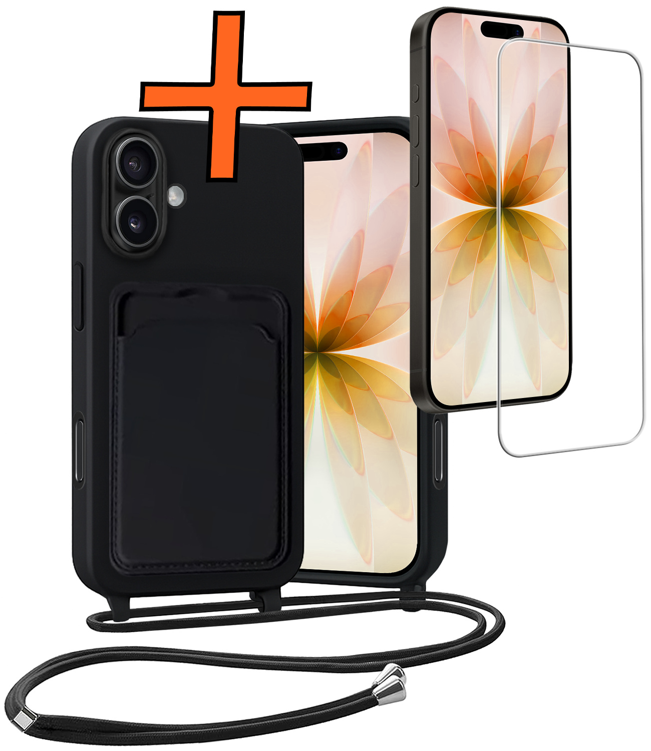 Nomfy Nomfy iPhone 17 Hoesje Pashouder met Koord Met Screenprotector - Zwart