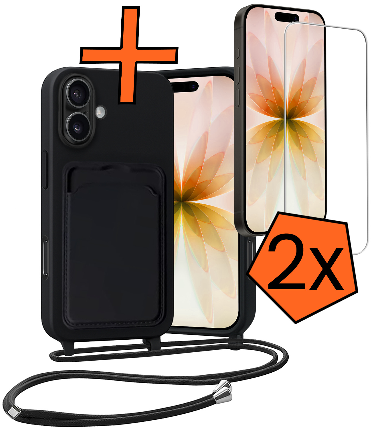 Nomfy Nomfy iPhone 17 Hoesje Pashouder met Koord Met 2x Screenprotector - Zwart