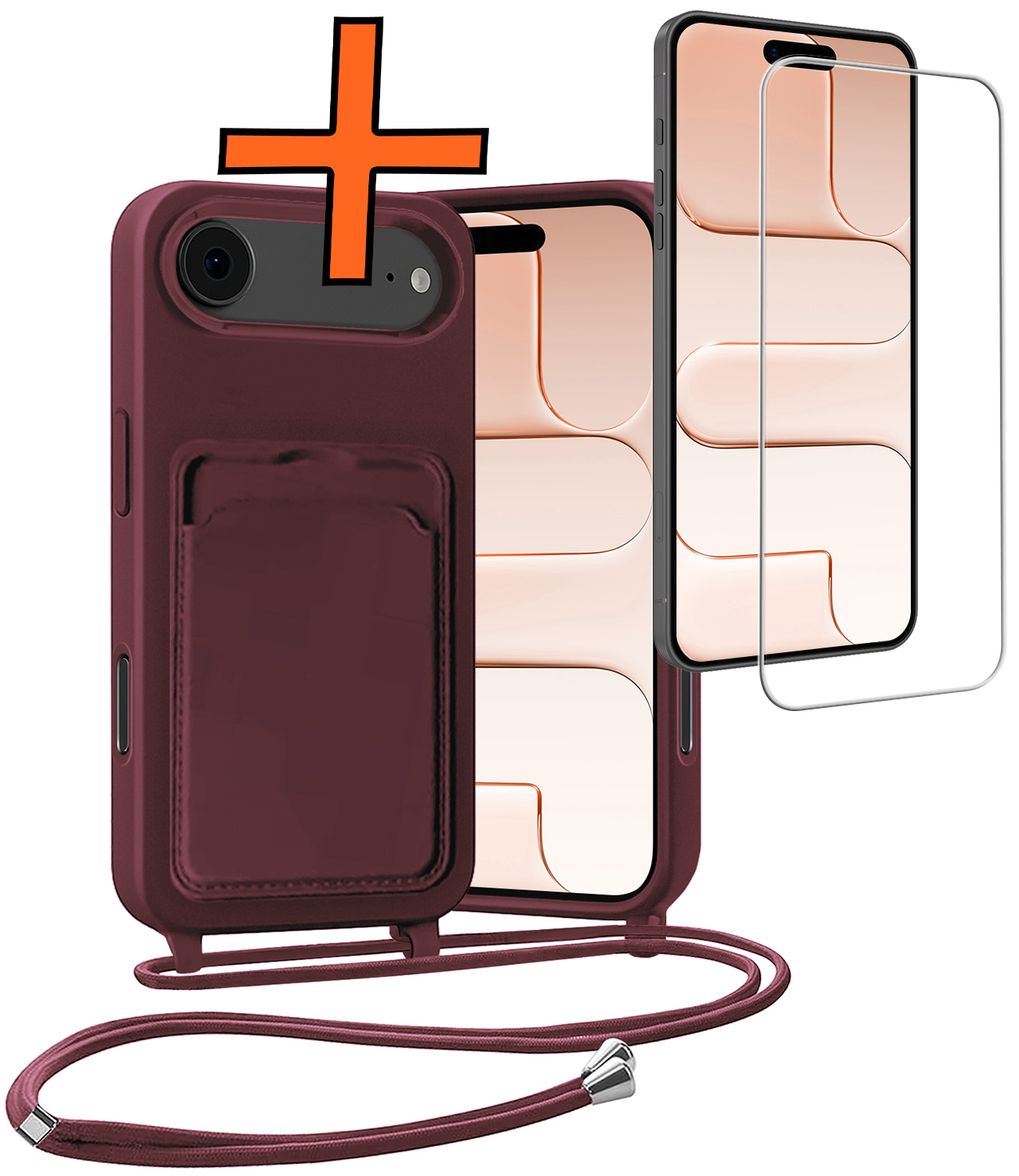 Nomfy Nomfy iPhone Air Hoesje Pashouder met Koord Met Screenprotector - Aubergine