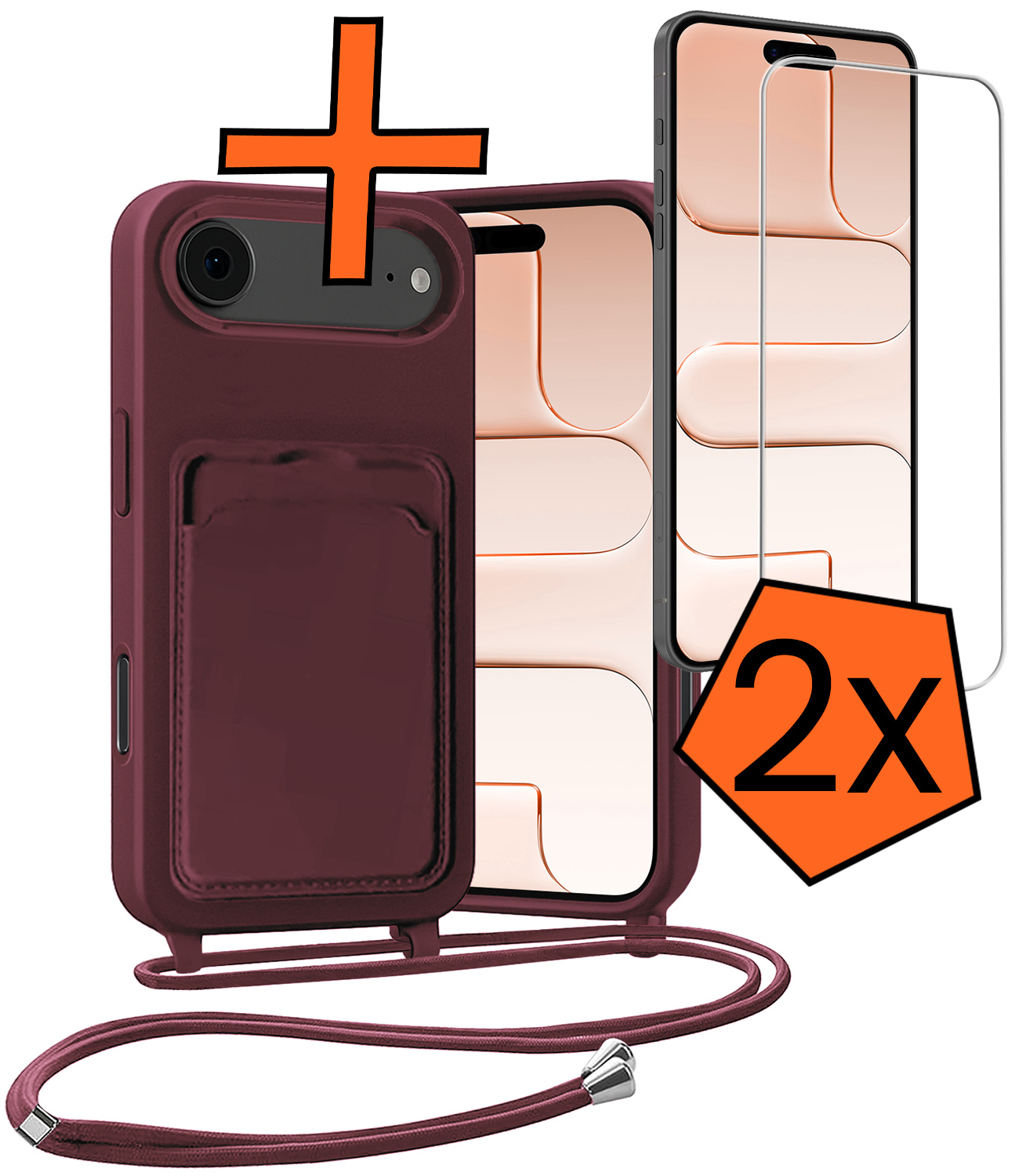 Nomfy Nomfy iPhone Air Hoesje Pashouder met Koord Met 2x Screenprotector - Aubergine