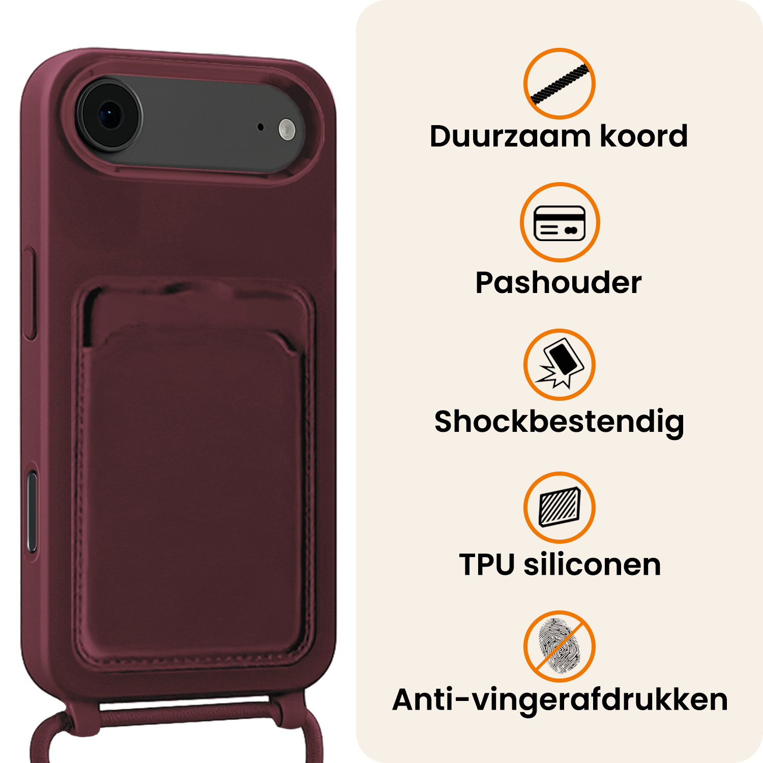 Nomfy Nomfy iPhone Air Hoesje Pashouder met Koord Met 2x Screenprotector - Aubergine