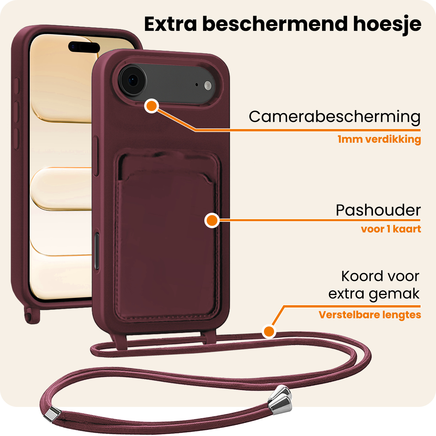 Nomfy Nomfy iPhone Air Hoesje Pashouder met Koord Met 2x Screenprotector - Aubergine