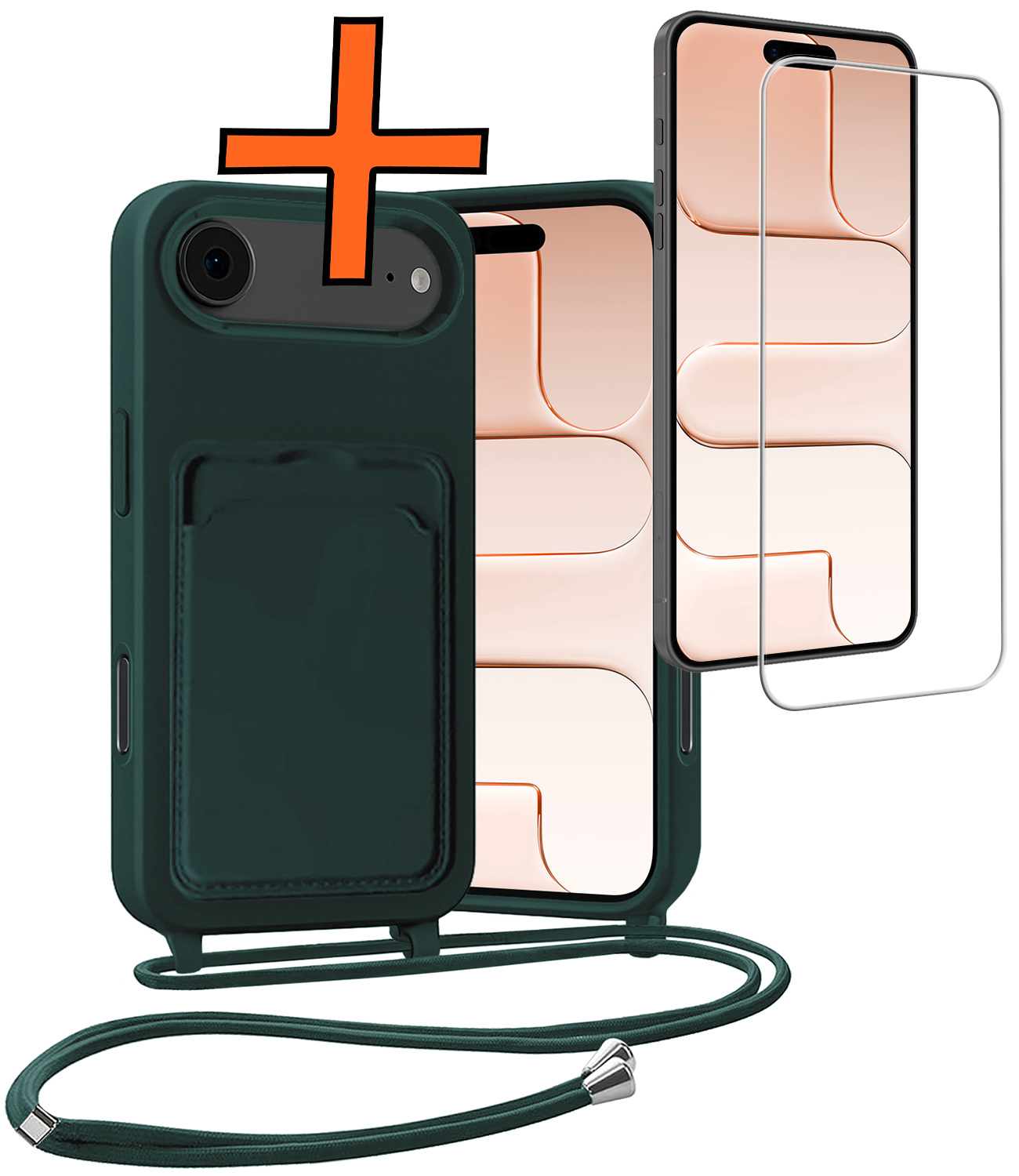 Nomfy Nomfy iPhone Air Hoesje Pashouder met Koord Met Screenprotector - Donkergroen