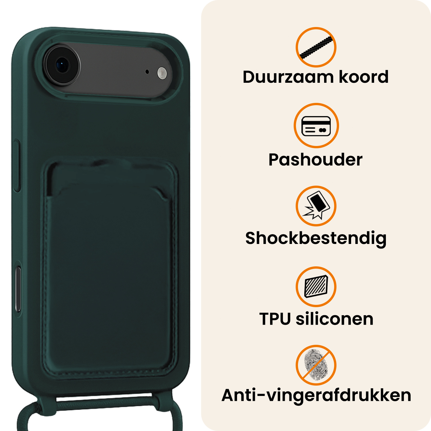 Nomfy Nomfy iPhone Air Hoesje Pashouder met Koord Met Screenprotector - Donkergroen