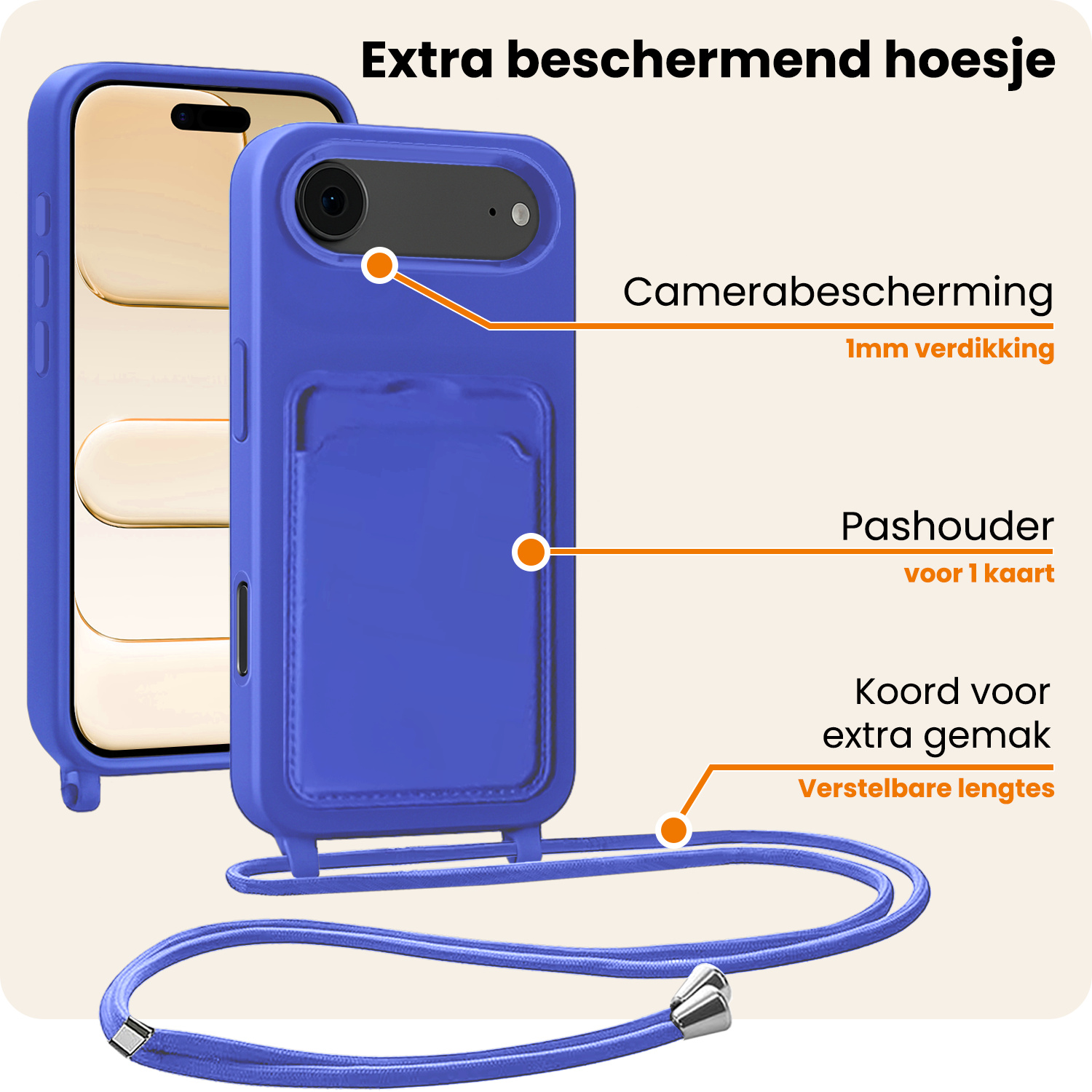 Nomfy Nomfy iPhone Air Hoesje Pashouder met Koord - Fel Blauw - 2 PACK
