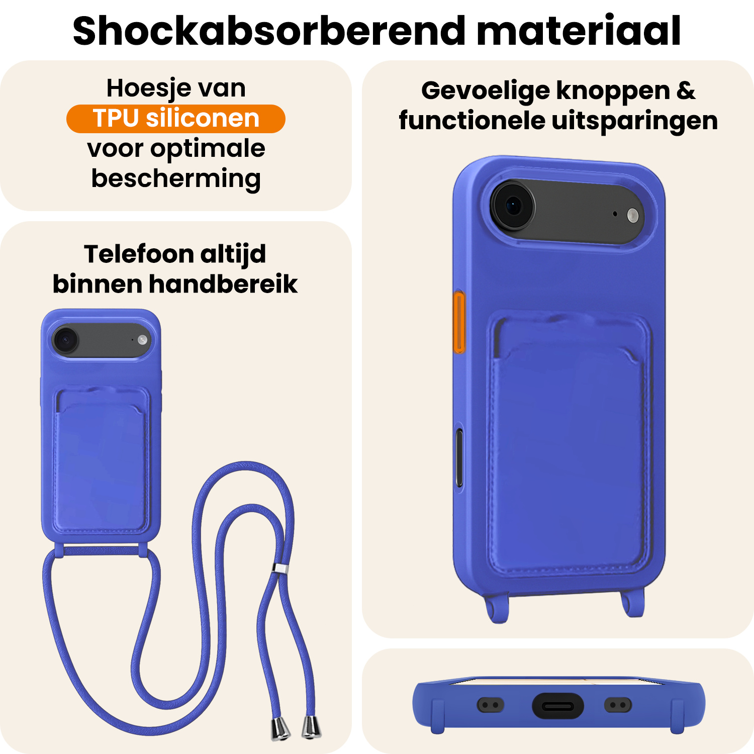 Nomfy Nomfy iPhone Air Hoesje Pashouder met Koord Met Screenprotector - Fel Blauw