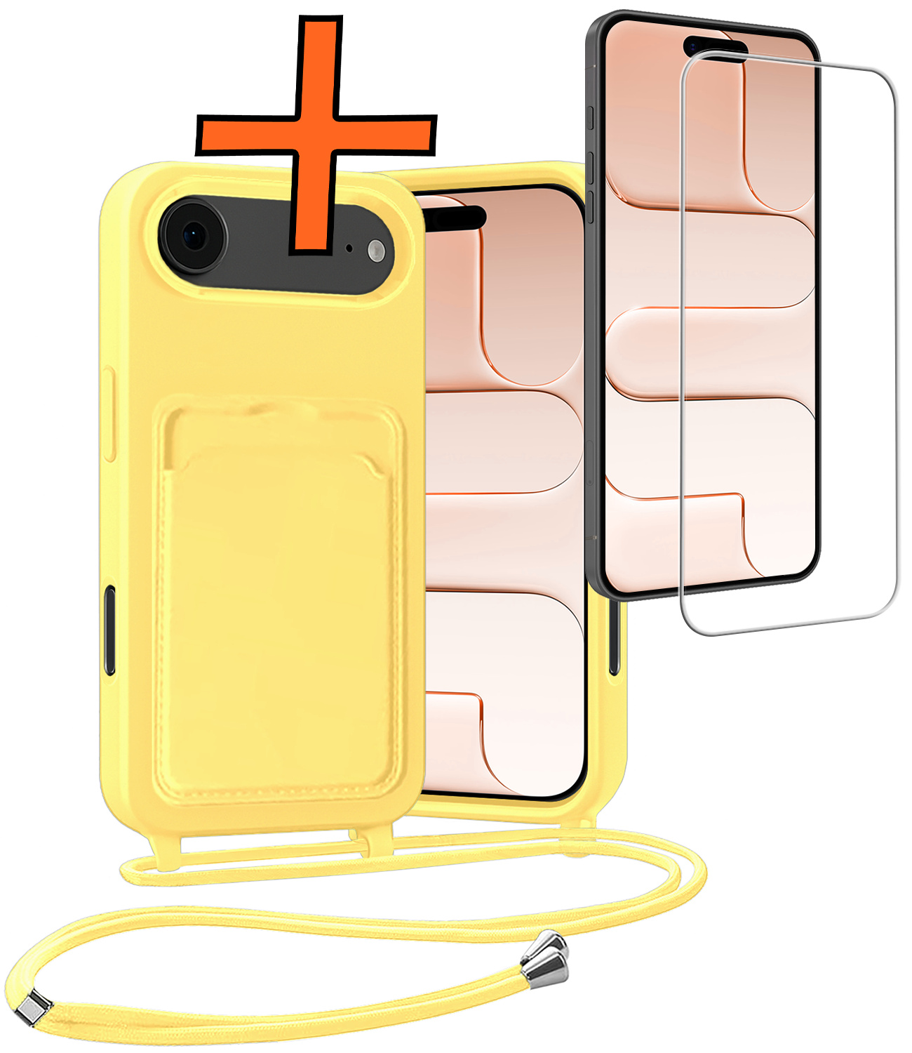 Nomfy Nomfy iPhone Air Hoesje Pashouder met Koord Met Screenprotector - Geel