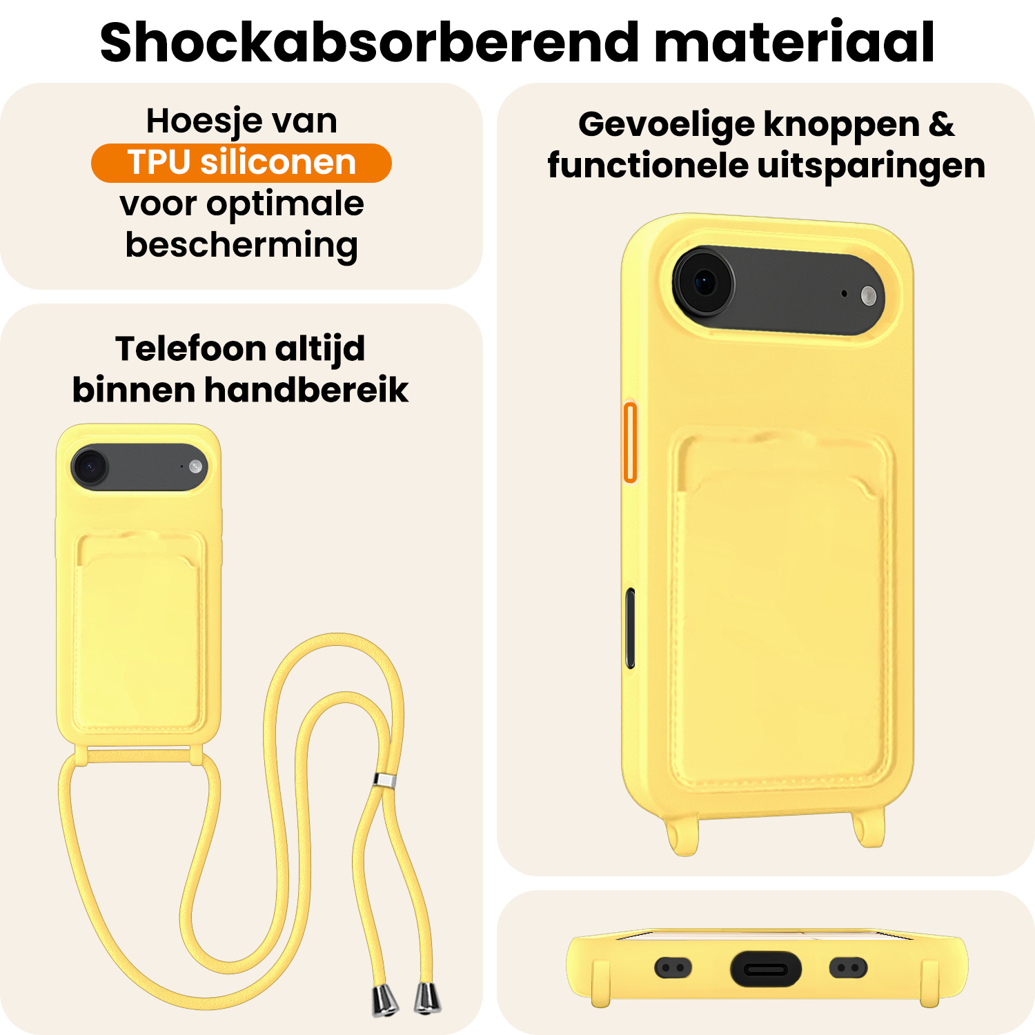 Nomfy Nomfy iPhone Air Hoesje Pashouder met Koord Met 2x Screenprotector - Geel
