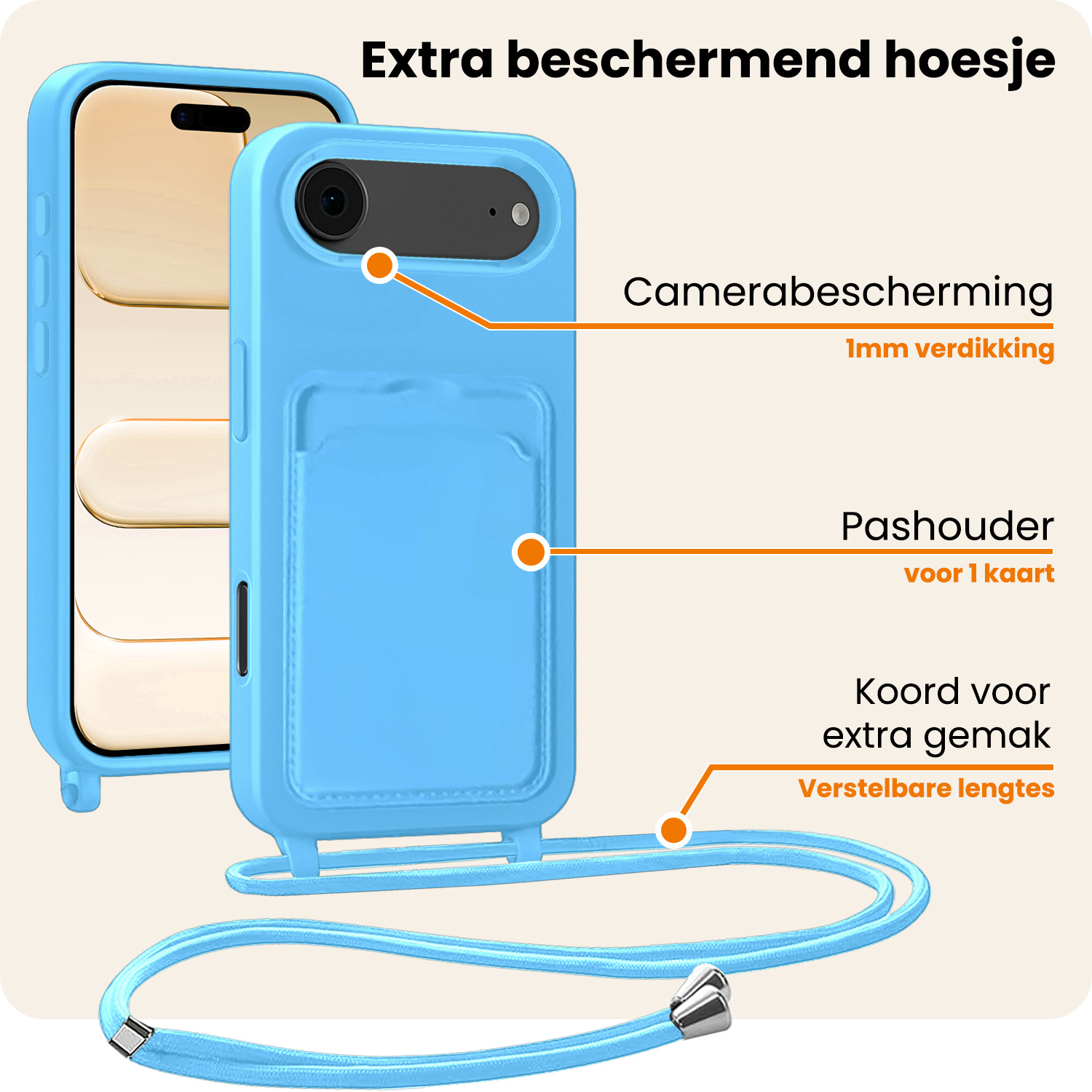 Nomfy Nomfy iPhone Air Hoesje Pashouder met Koord - Lichtblauw