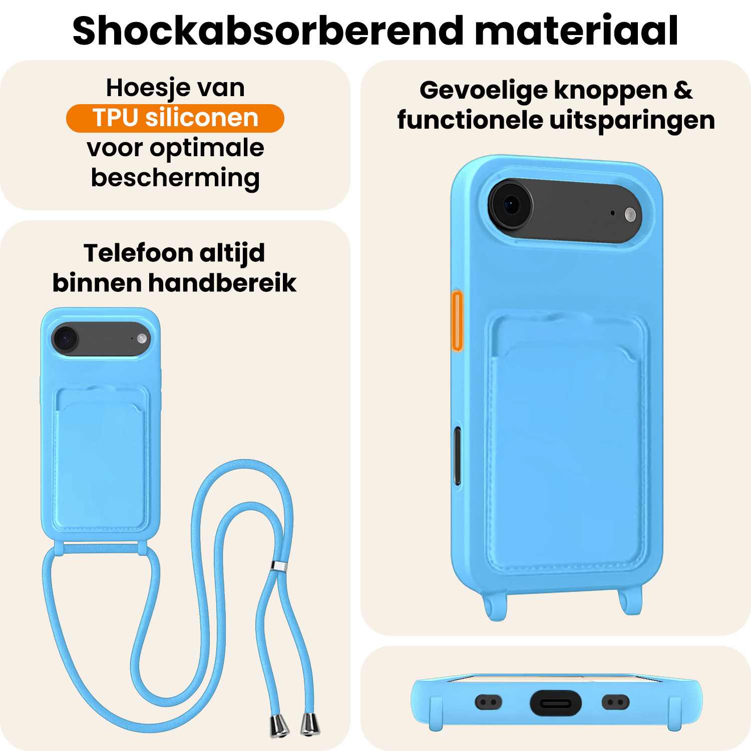 Nomfy Nomfy iPhone Air Hoesje Pashouder met Koord - Lichtblauw