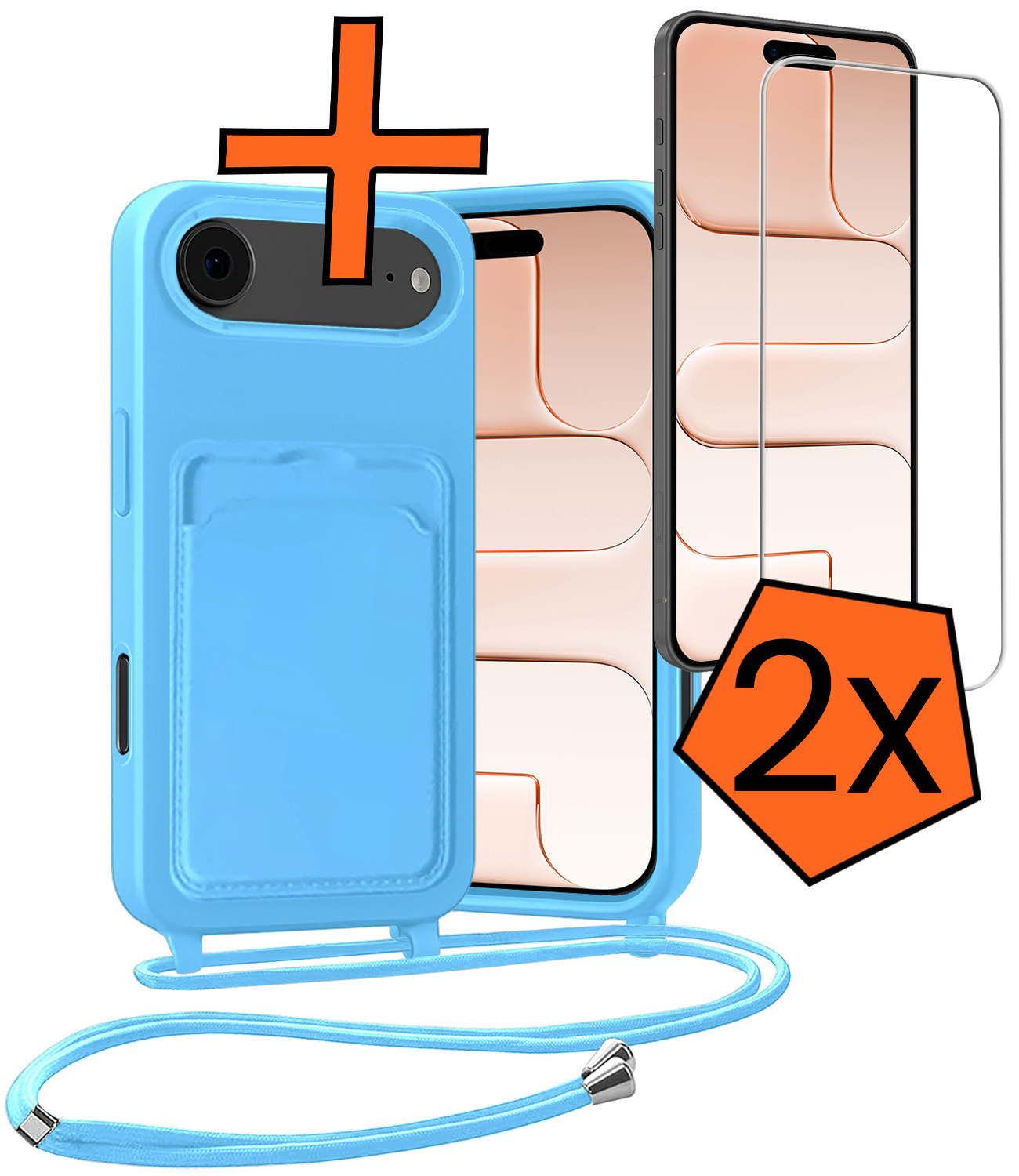 Nomfy Nomfy iPhone Air Hoesje Pashouder met Koord Met 2x Screenprotector - Lichtblauw