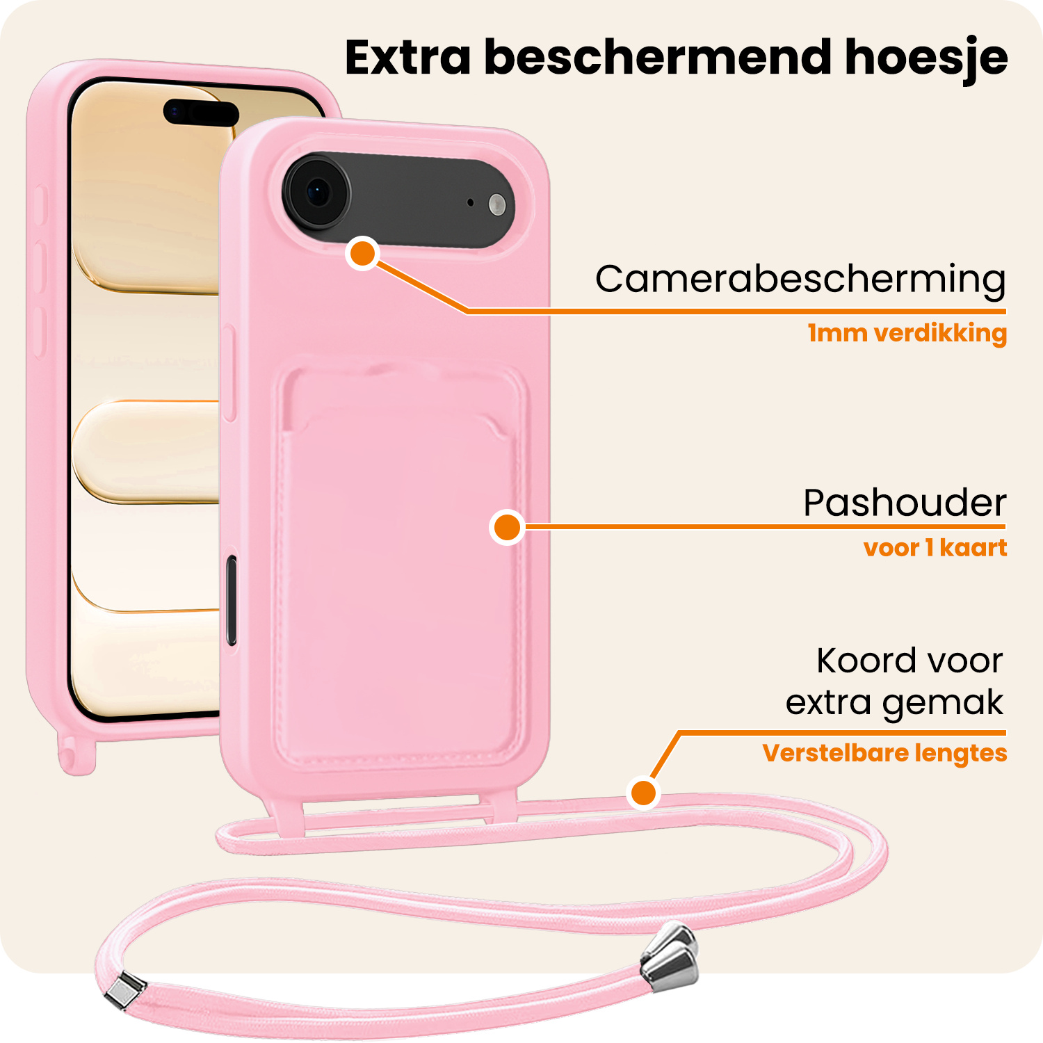 Nomfy Nomfy iPhone Air Hoesje Pashouder met Koord - Lichtroze - 2 PACK