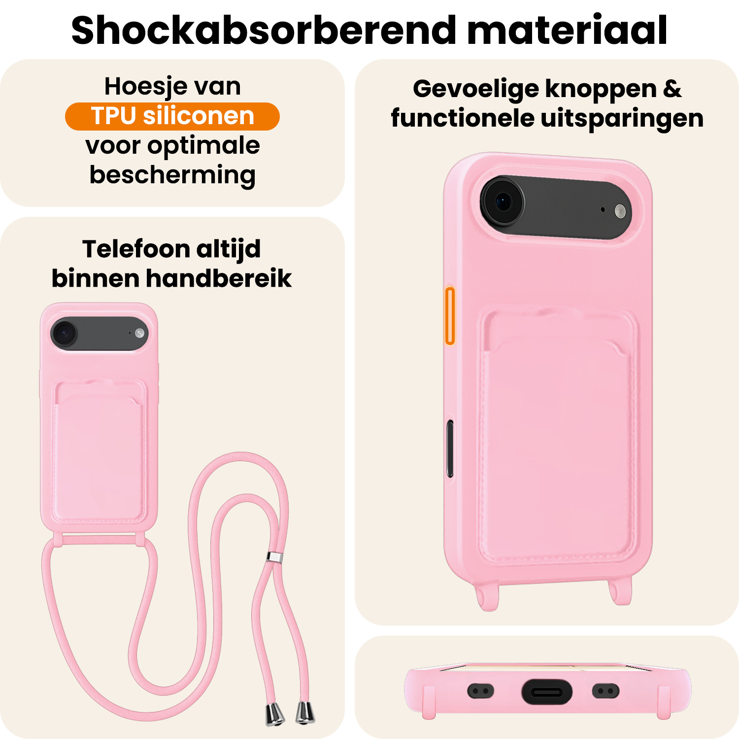 Nomfy Nomfy iPhone Air Hoesje Pashouder met Koord - Lichtroze - 2 PACK