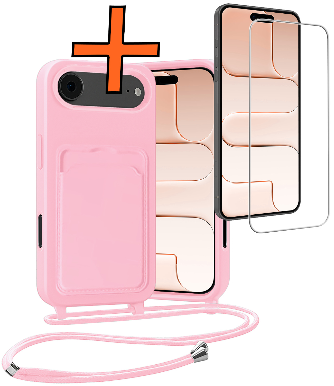 Nomfy Nomfy iPhone Air Hoesje Pashouder met Koord Met Screenprotector - Lichtroze