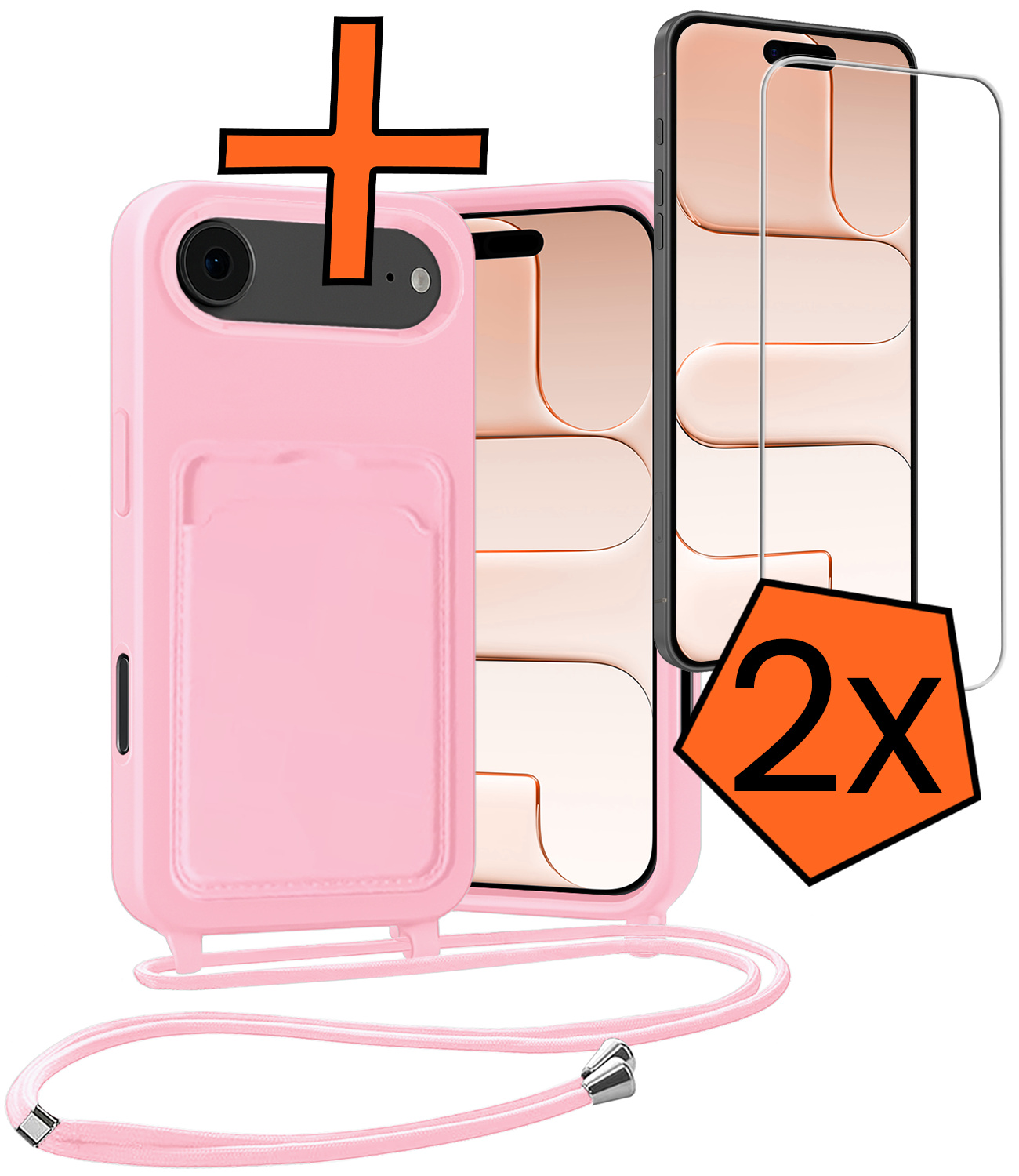 Nomfy Nomfy iPhone Air Hoesje Pashouder met Koord Met 2x Screenprotector - Lichtroze