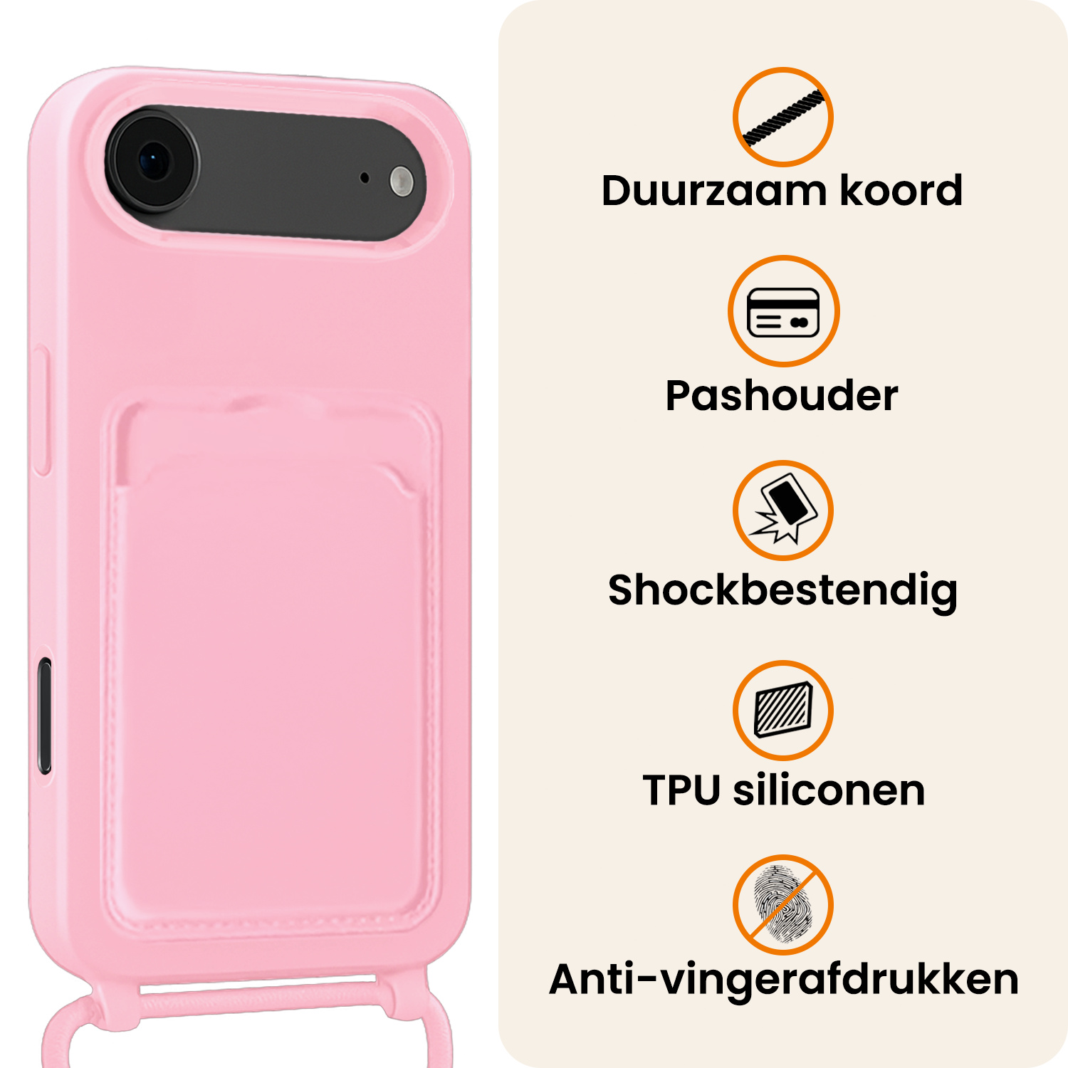 Nomfy Nomfy iPhone Air Hoesje Pashouder met Koord Met 2x Screenprotector - Lichtroze