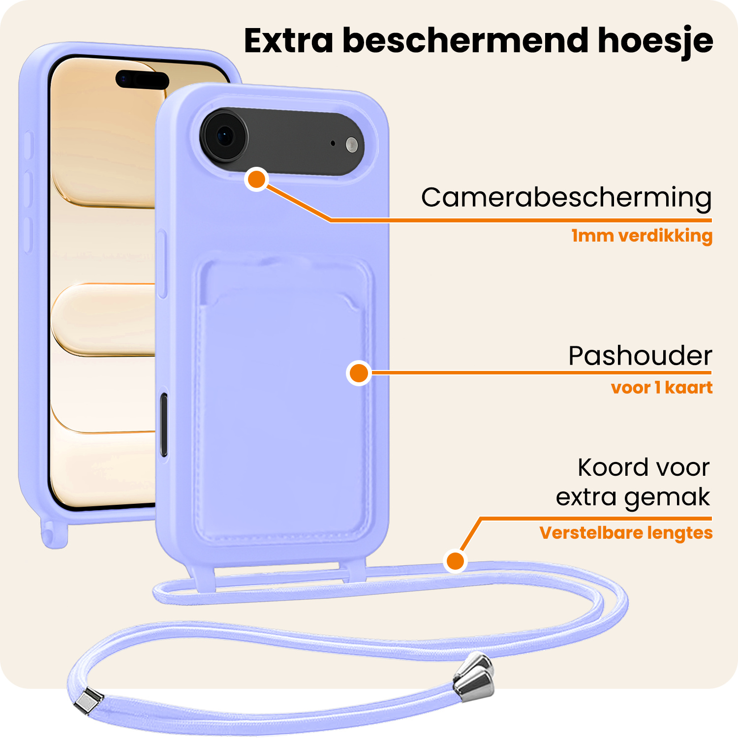 Nomfy Nomfy iPhone Air Hoesje Pashouder met Koord Met 2x Screenprotector - Lila