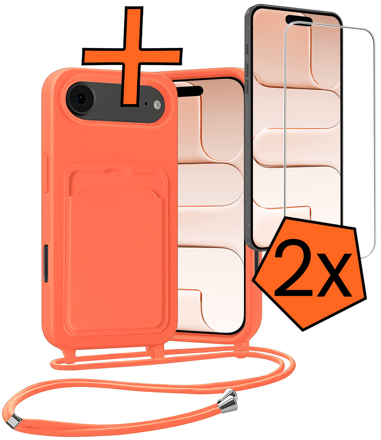 Nomfy Nomfy iPhone Air Hoesje Pashouder met Koord Met 2x Screenprotector - Papaya