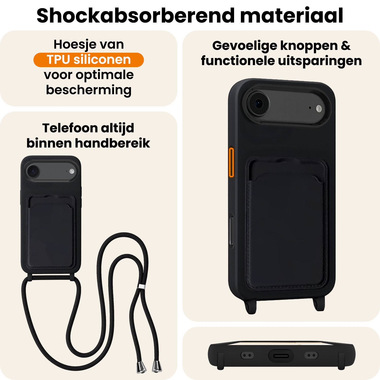 Nomfy Nomfy iPhone Air Hoesje Pashouder met Koord - Zwart