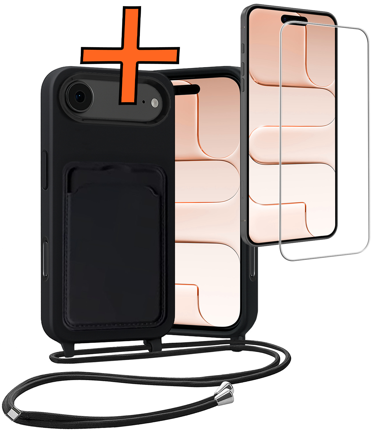 Nomfy Nomfy iPhone Air Hoesje Pashouder met Koord Met Screenprotector - Zwart