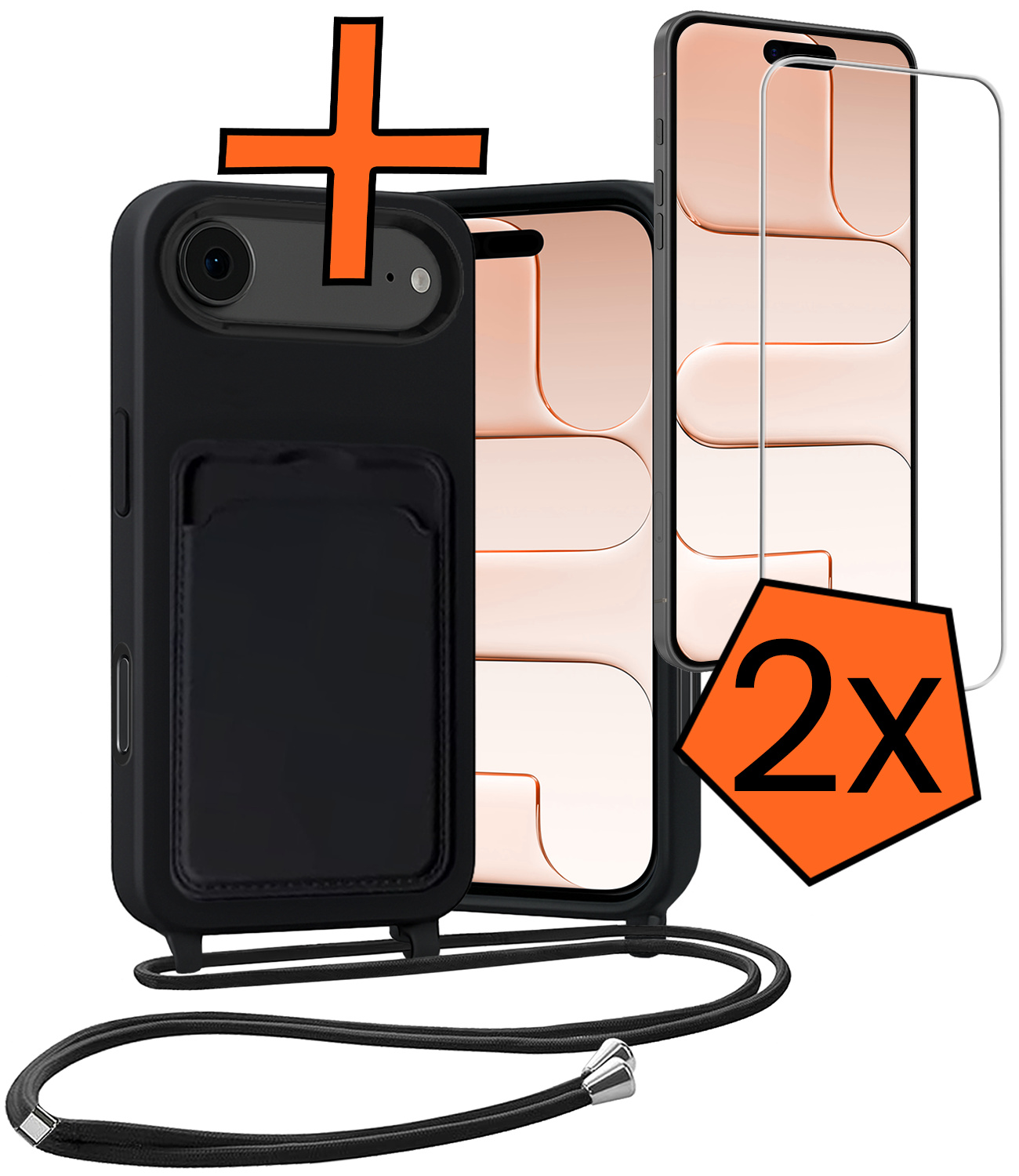 Nomfy Nomfy iPhone Air Hoesje Pashouder met Koord Met 2x Screenprotector - Zwart