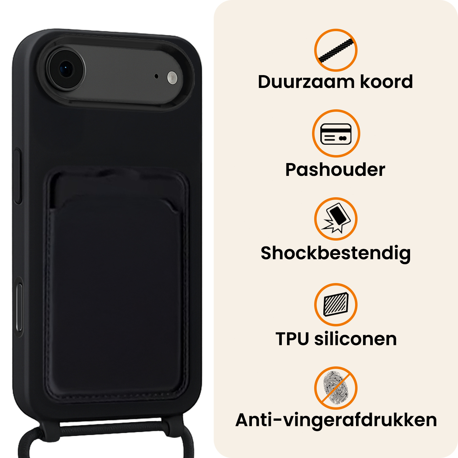 Nomfy Nomfy iPhone Air Hoesje Pashouder met Koord Met 2x Screenprotector - Zwart